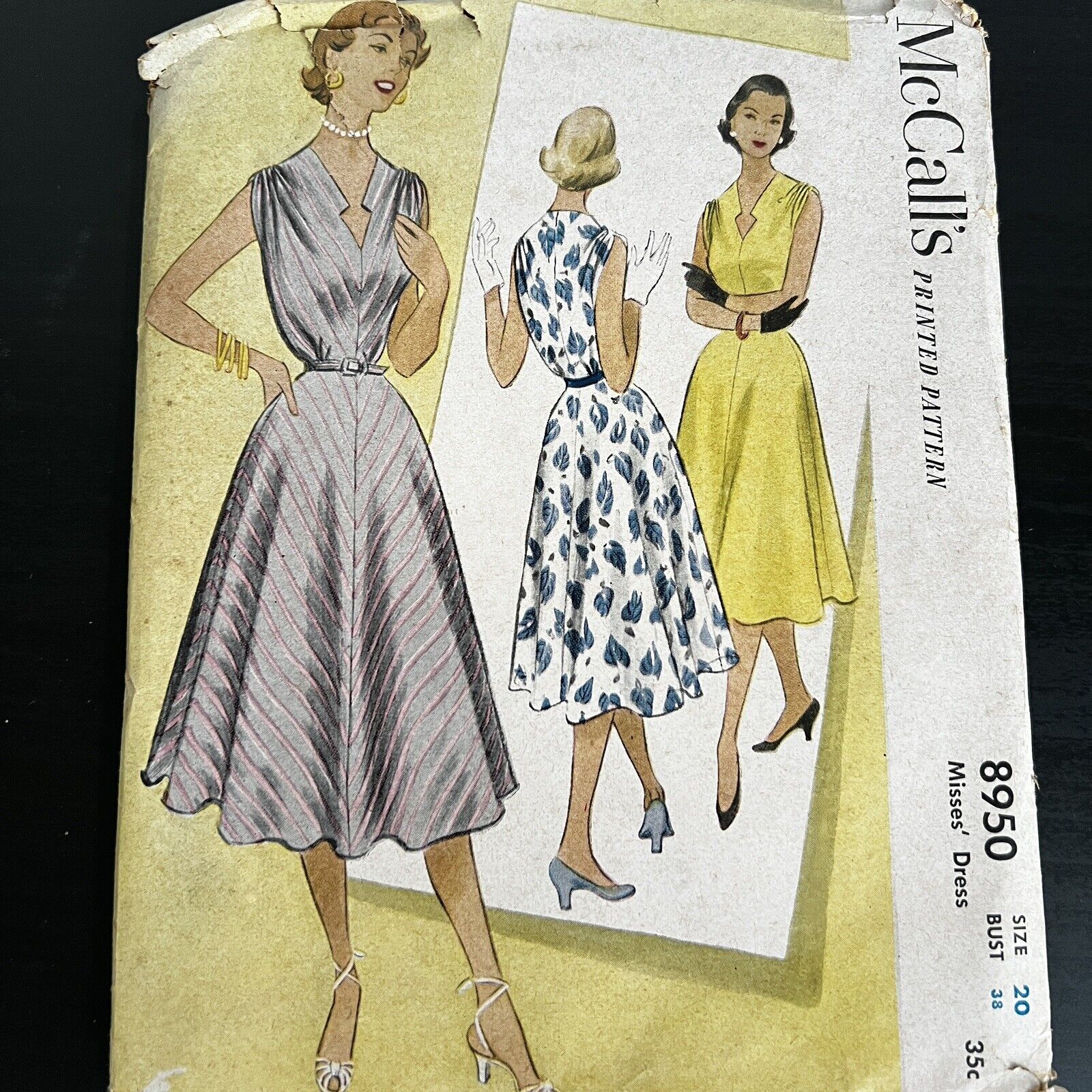 Vintage 1950s McCalls 8950 Full Skirt Cocktail Dress Sewing Pattern 20 M/L CUT