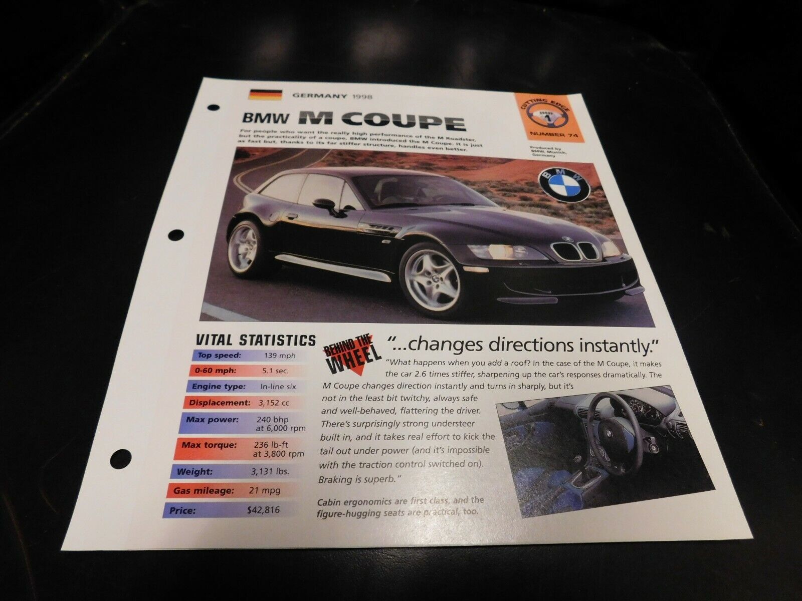 1998 BMW M Coupe Spec Sheet Brochure Photo Poster 