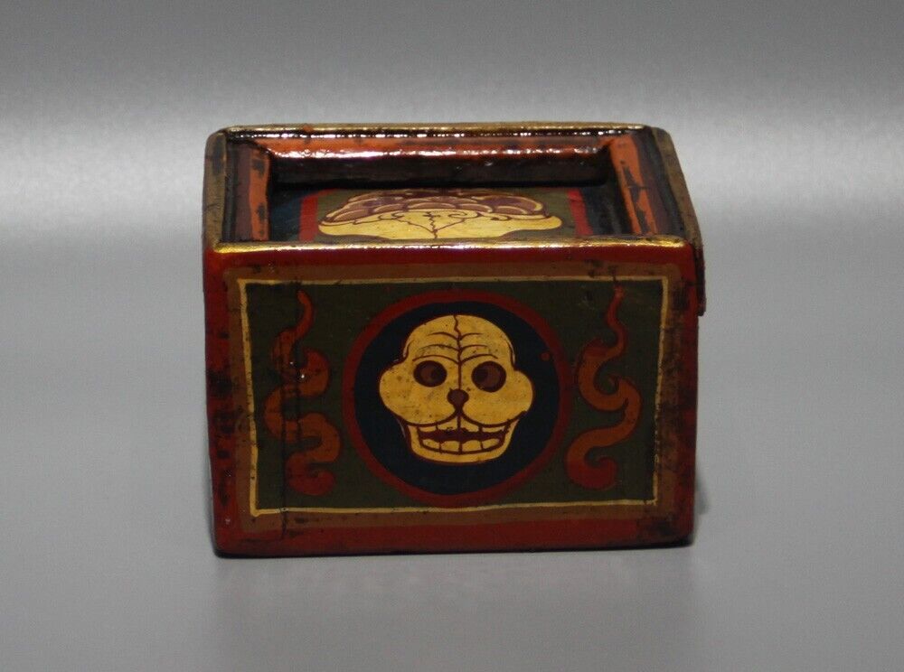 Wonderful Real Tibet Tibetan Vintage Old Buddhist Painted Skull Wood Jewelry Box