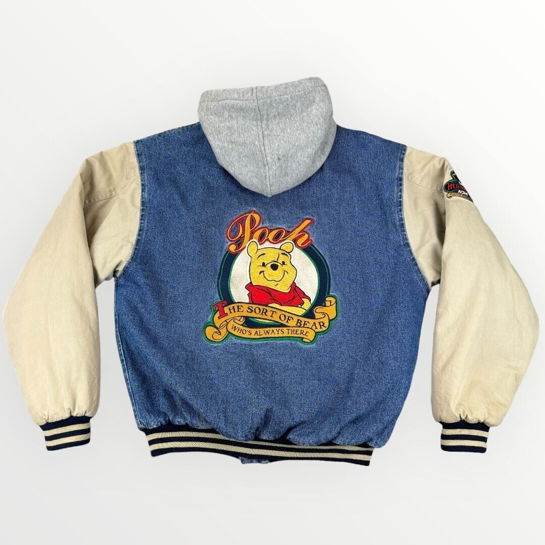 Vintage 90s Disney Store Winnie The Pooh Denim Varsity Bomber Jacket Hooded S
