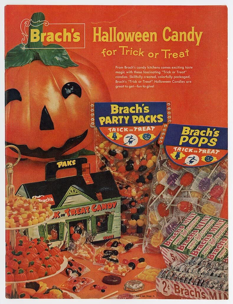 Vintage 1958 Brach's Halloween Candy Ad — Trick Treat Pumpkin 1950s 1960s Spooky