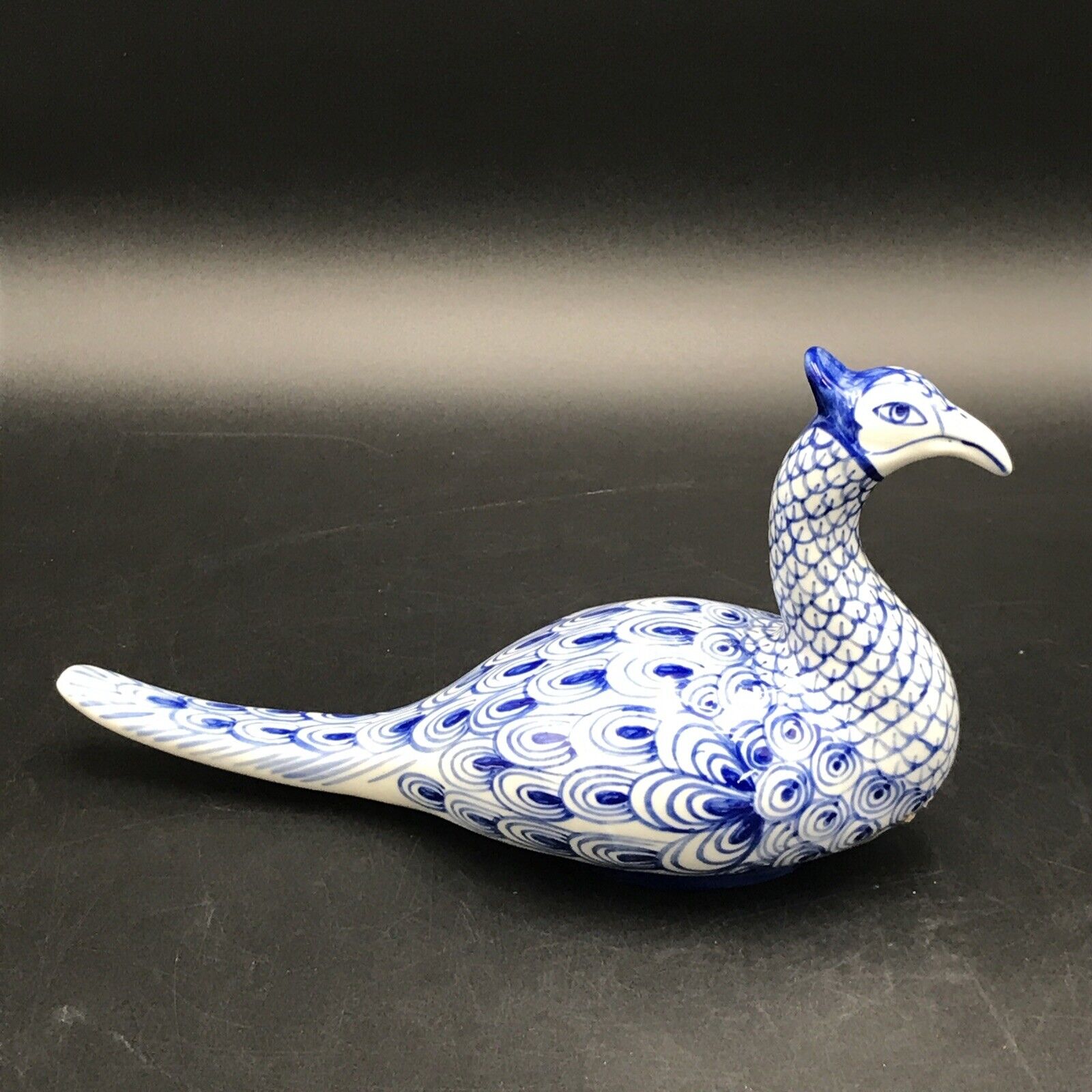 Ceramic Porcelain Pheasant / Peacock Figurines Blue And White 9”
