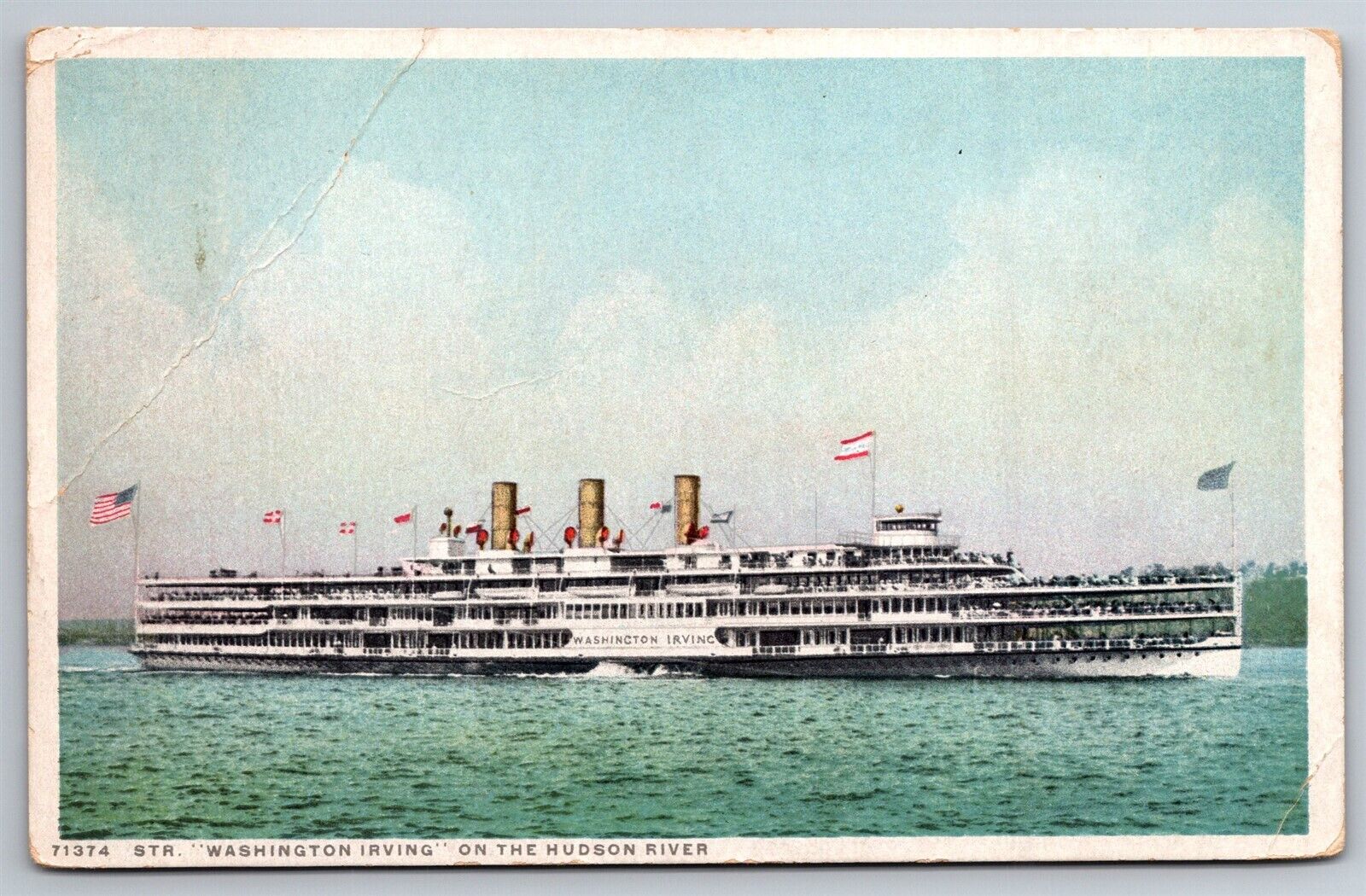 Steamship Washington Irving On The Hudson River Flags NY C1914 WB Postcard R20