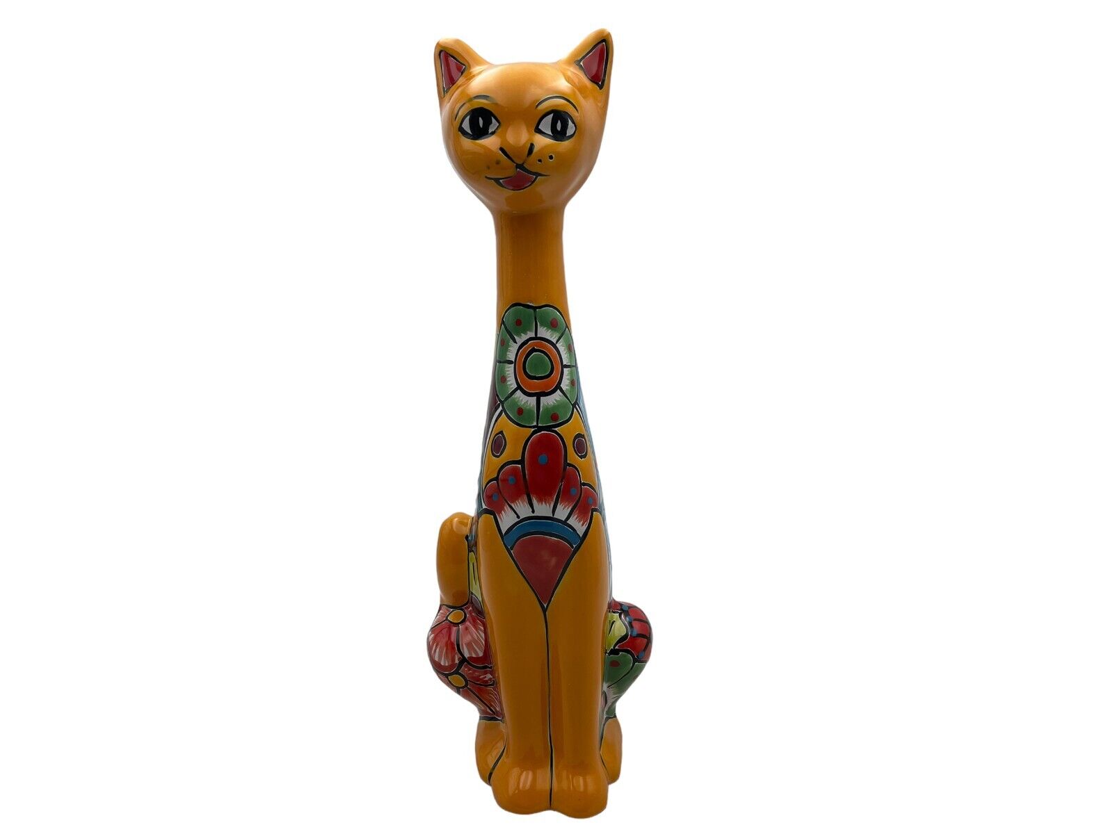 Tall Cat Long Neck Cute Folk Art Mexican Pottery Multicolor Home Decor 19.5\