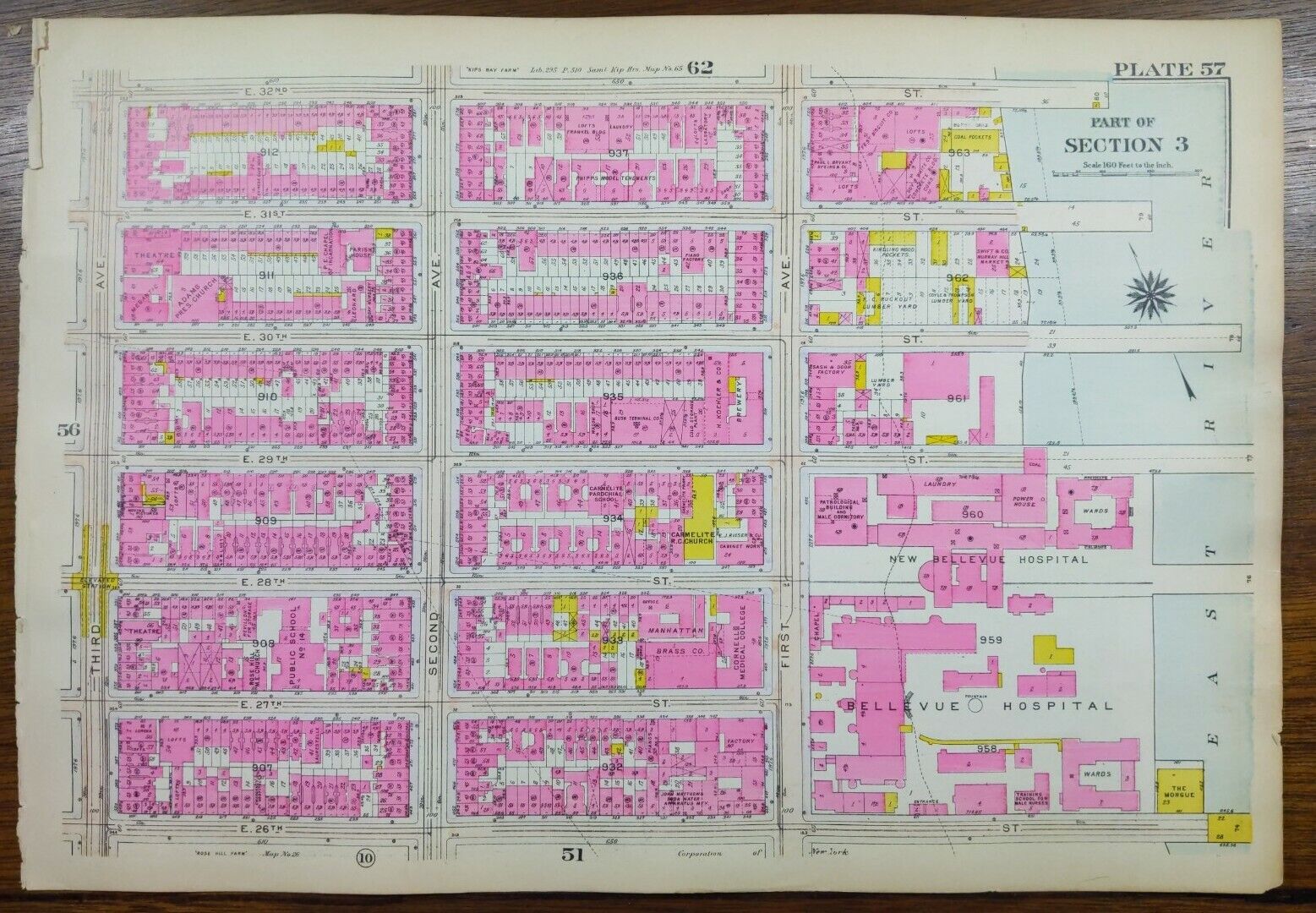 1916 KIPS BAY MANHATTAN NEW YORK CITY ~ BROMLEY Street Map ~  BELLEVUE HOSPITAL