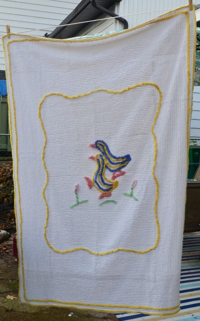 Vintage Baby Chenille Crib Blanket Birds Yellow, Blue, Pink, Green, White 37x51\