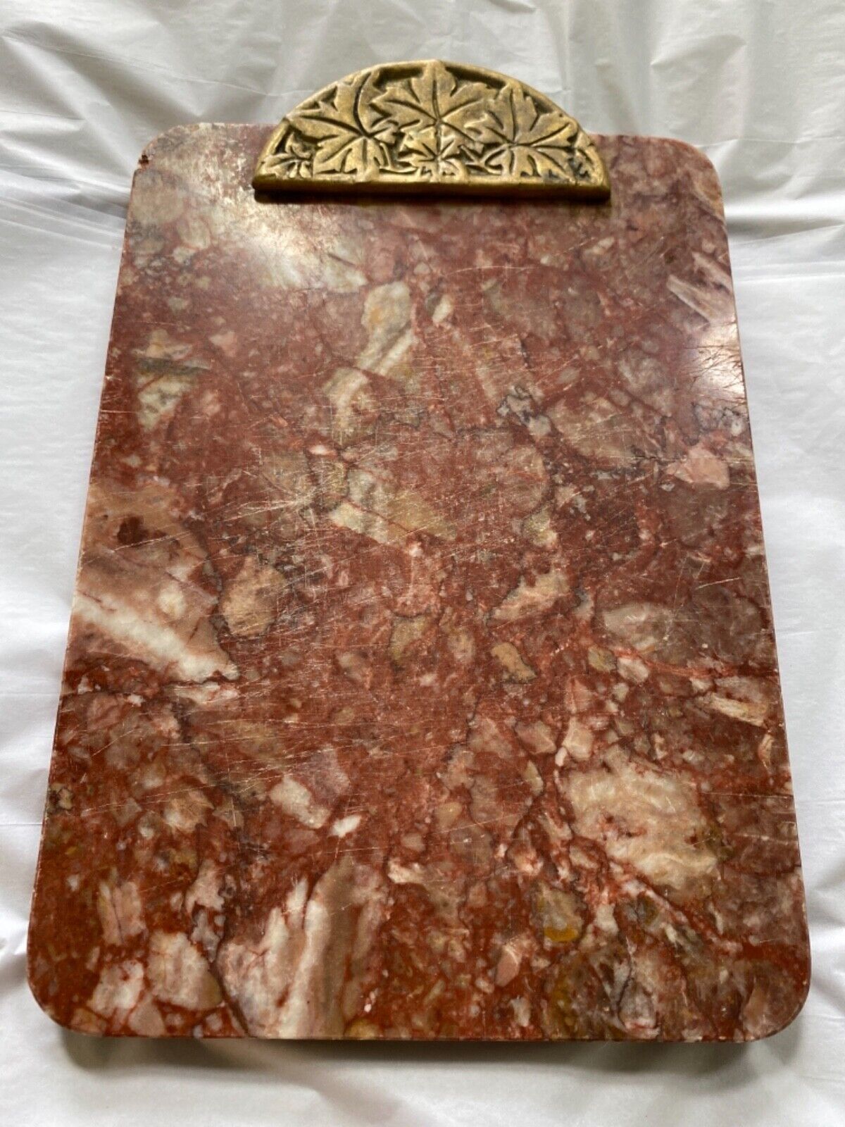 VINTAGE PINK MARBLE/GRANITE CHEESE TRAY WITH BRASS ADORNMENT