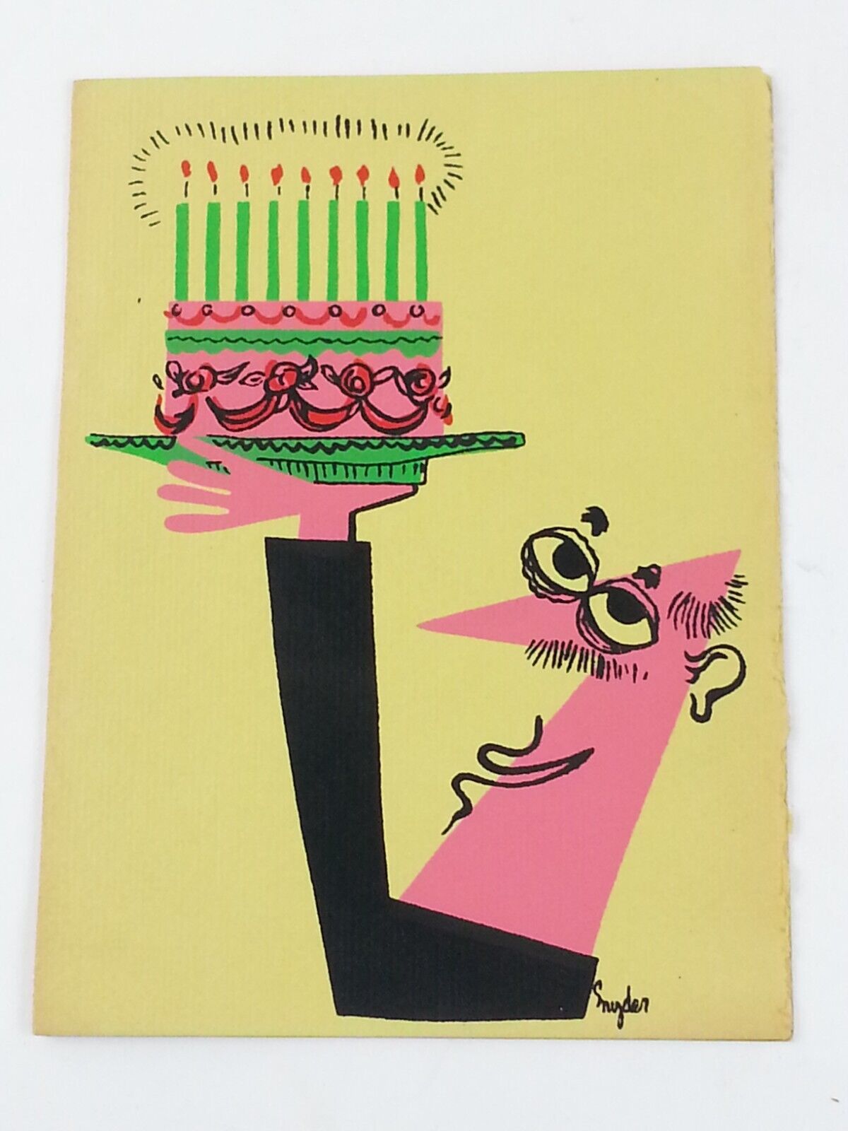 Vintage Mid Century Birthday Card Man Holding Cake