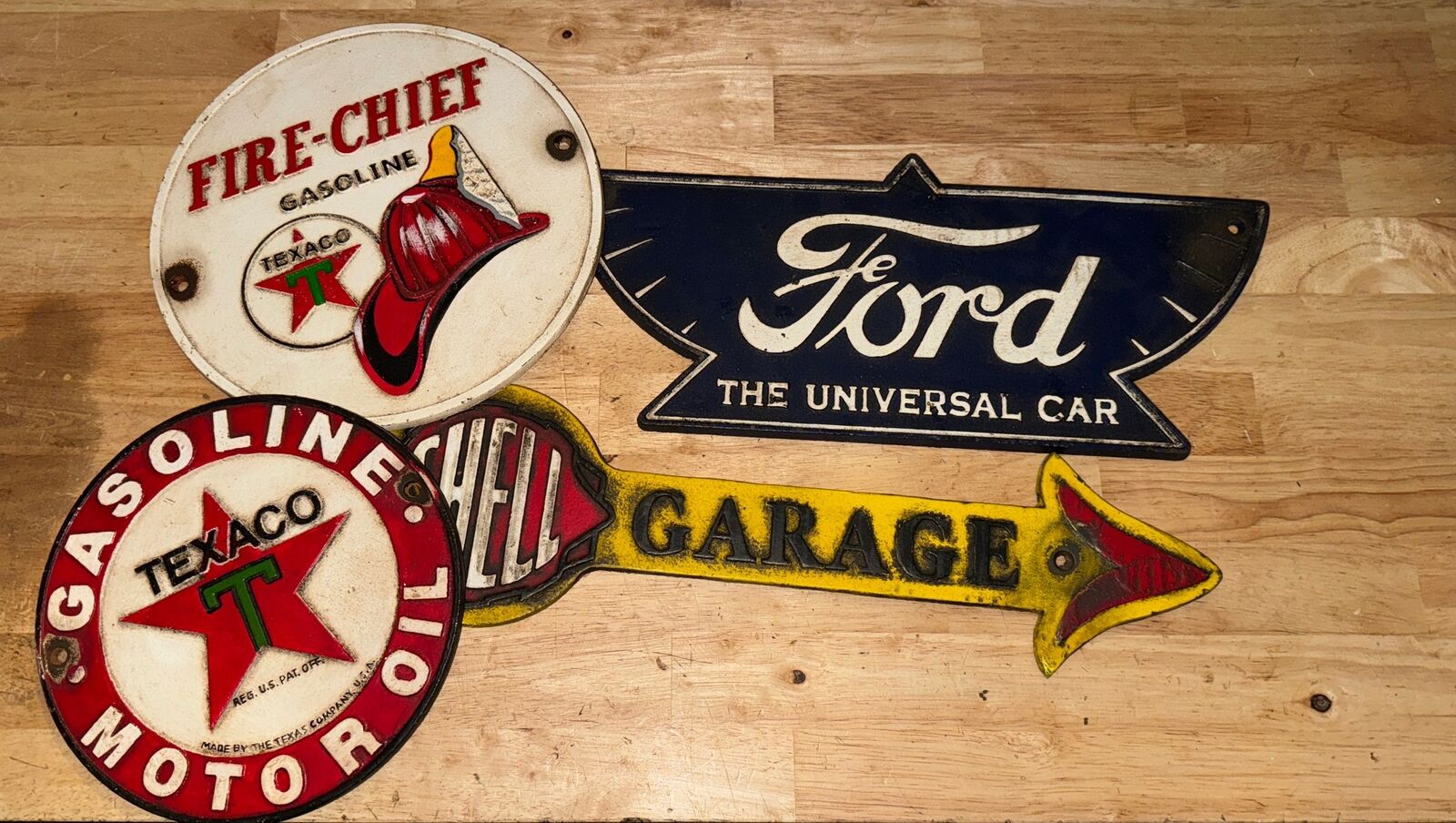 Ford Texaco Shell Oil Garage Cast Iron Sign Plaque Set Lot Patina Fire Collector