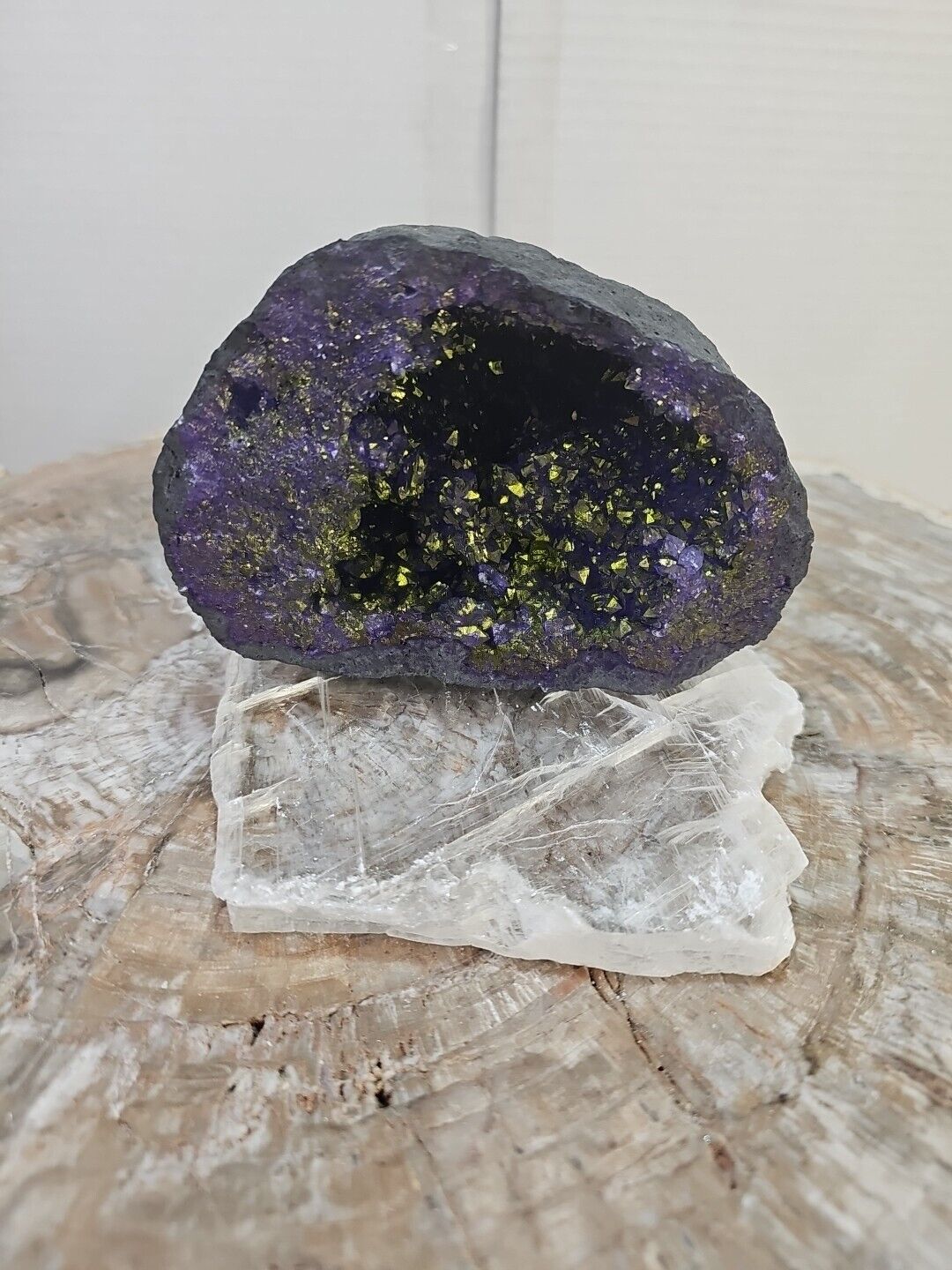 1.78lb Large Purple Geode Open Crystal Quartz W/Selenite Base 
