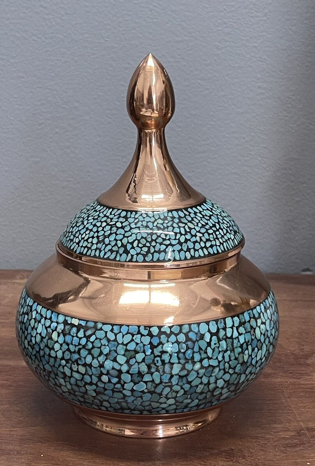Turquoise Firoozeh Koobi Persian Copper Lidded Jug Trinket Jar Signed 7”