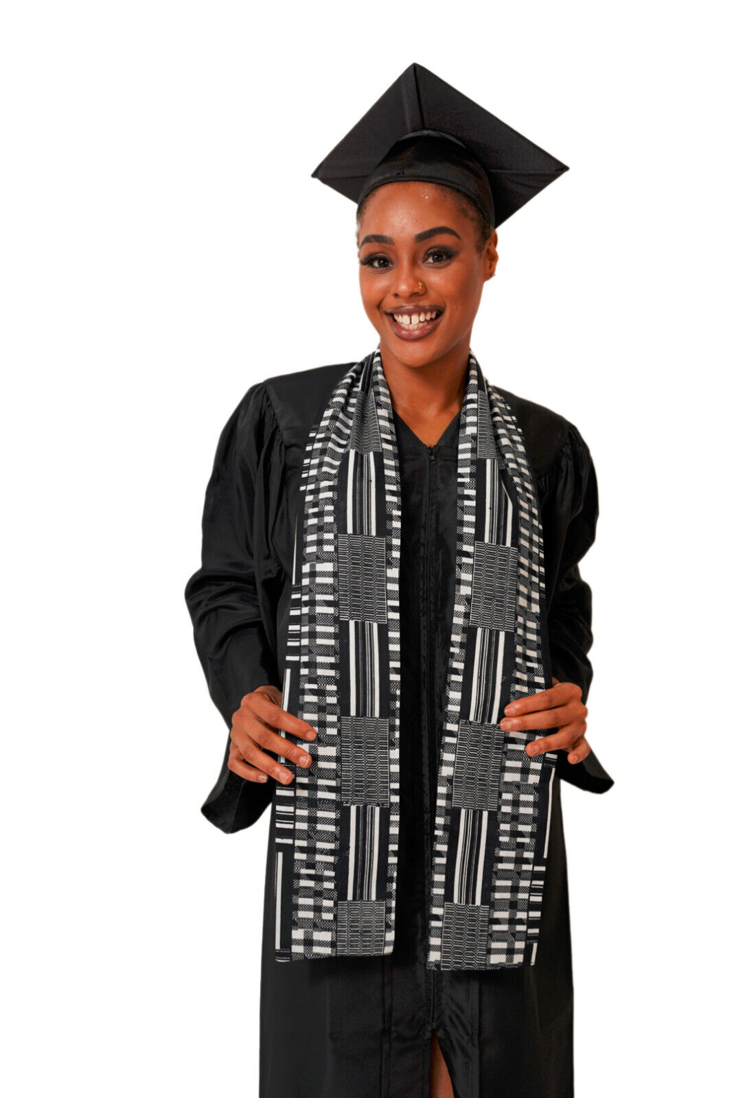Black and white Kente African Print Graduation Stole/Sash DPB0795S