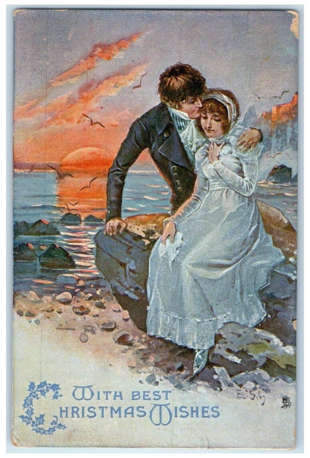 c1910's Christmas Wishes Couple Romance Sunset Tuck's Posted Antique Postcard