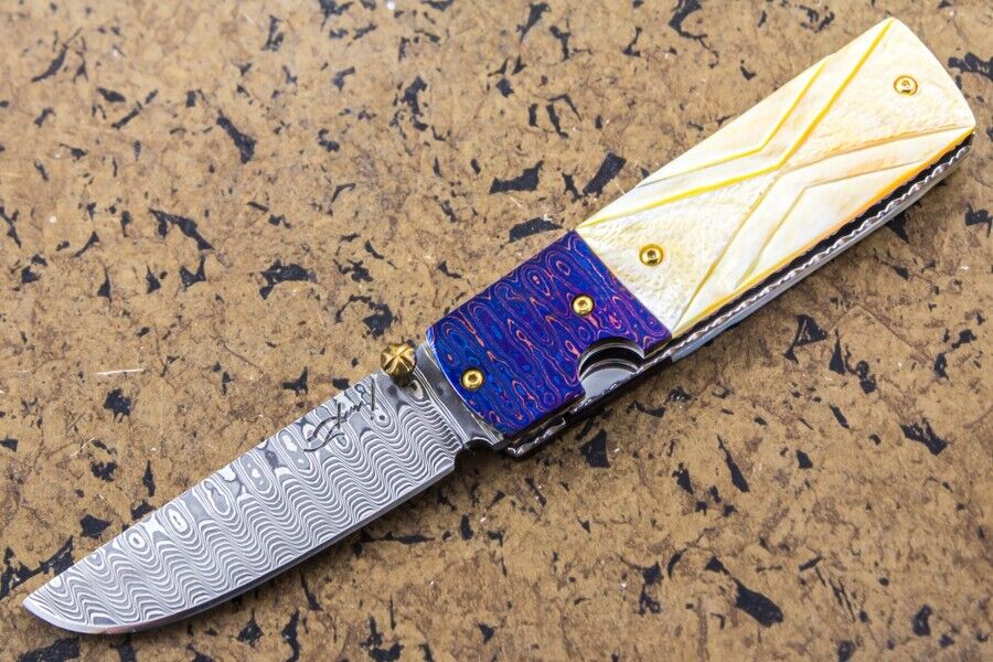Suchat Handmade Folding Knife Yellow Pearl Tanto Damascus *Extra Handle as Gift*