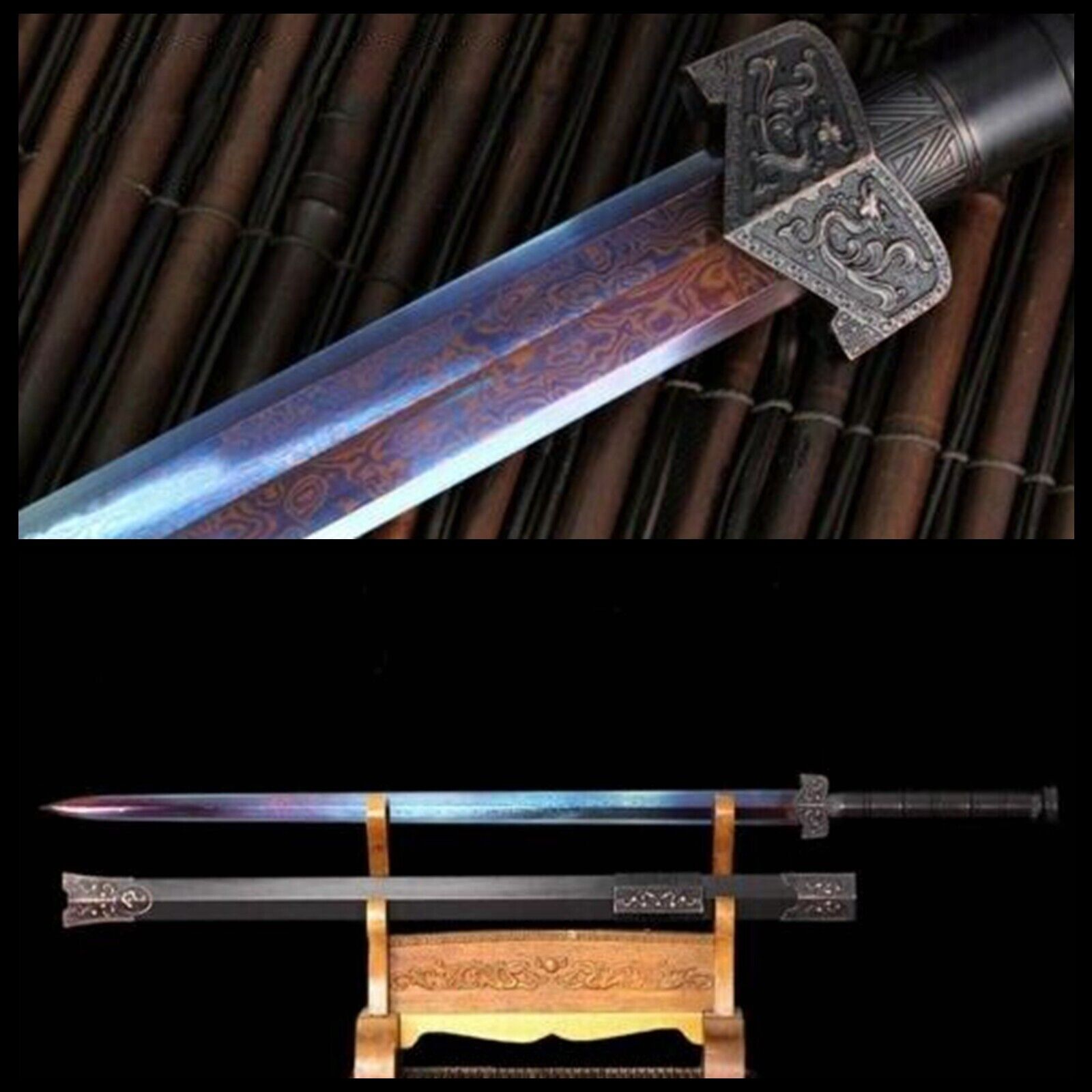 Handmade Chinese Wushu Sword Blue Folded HRC60 Manganese Steel Jian Full Tang