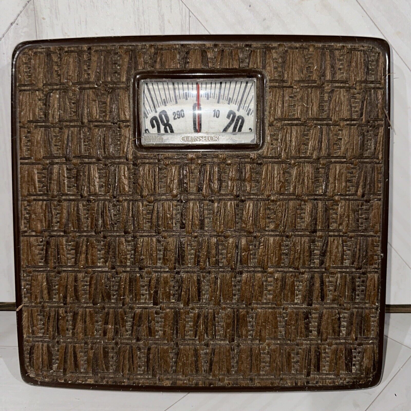 Vintage Counselor Bathroom Scale Mid Century Brown Metal Woven Fiber Tiki Style