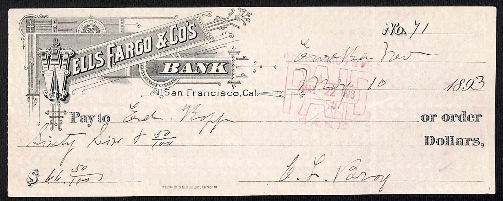 Wells Fargo & Co. Bank 1893 San Francisco Check Ed Koff #71 $66.50