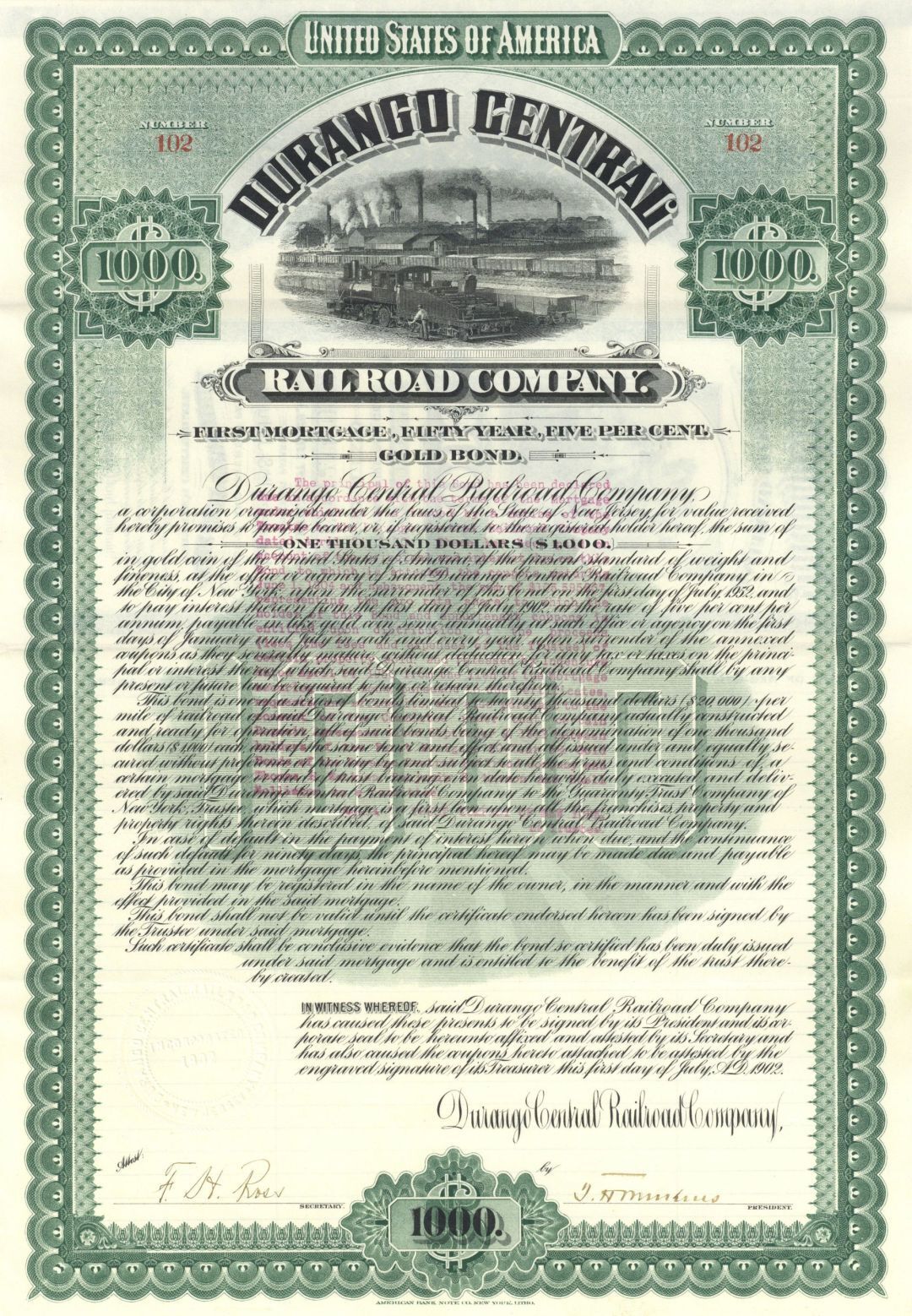 Durango Central Railroad Co. - dated 1902 $1,000 50 Year 5% Mexico Uncanceled Go