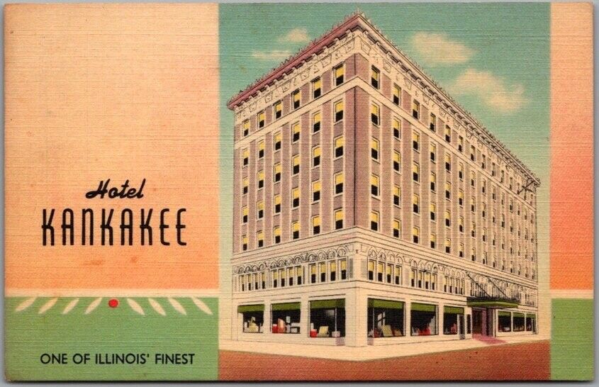 1942 Kankakee, Illinois LINEN Postcard HOTEL KANKAKEE Street View / IL Cancel