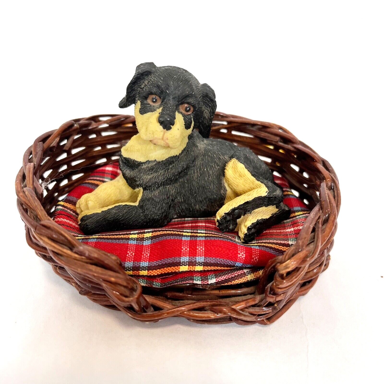 Vintage Rottweiler Dog Figurine Laying In Plaid Padded Wicker Dog Bed 4\