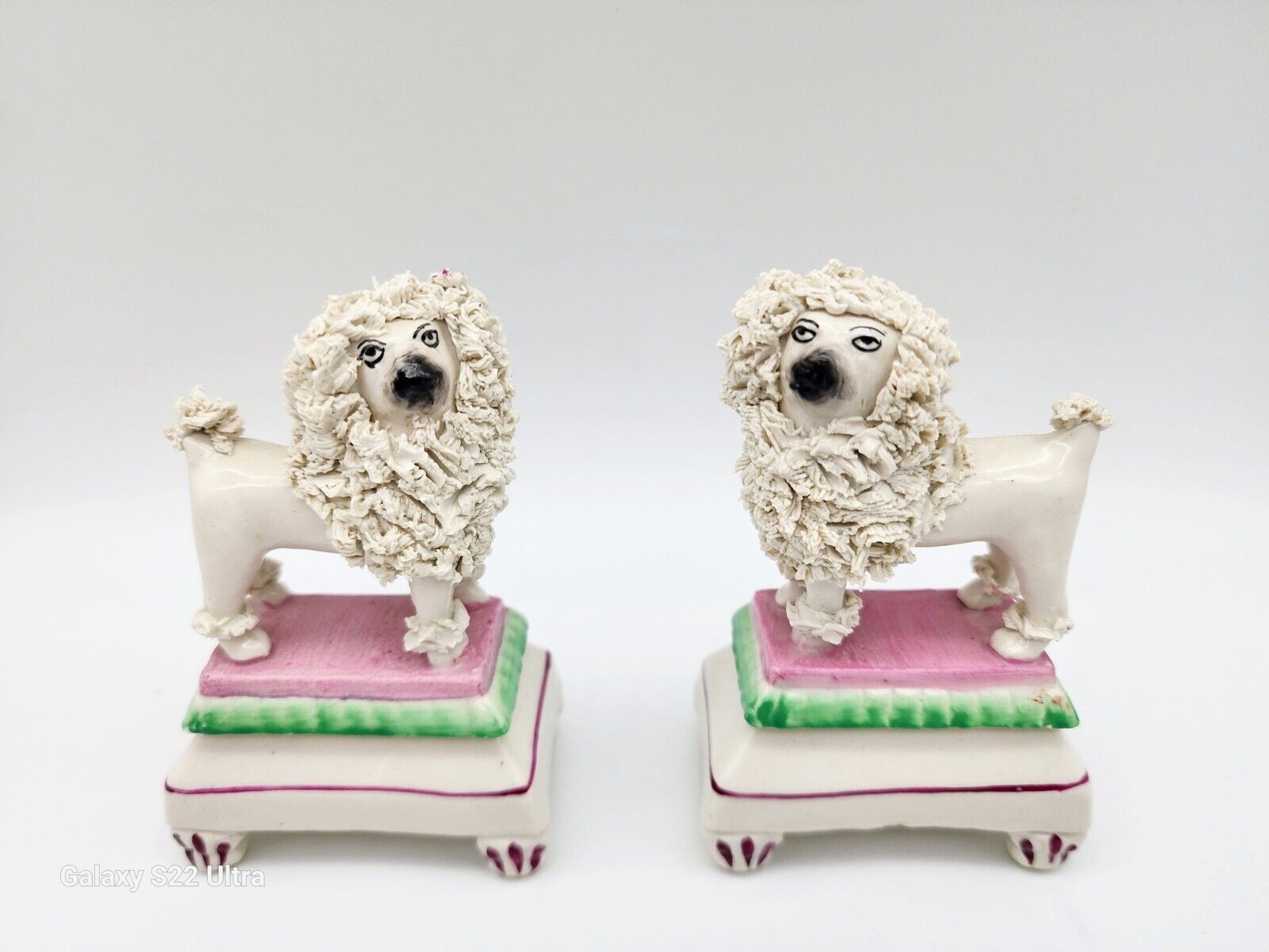 1850'S ANTIQUE PAIR STAFFORDSHIRE SPAGHETTI DOGS ON PEDESTALS ONE MARKED ENGLAND