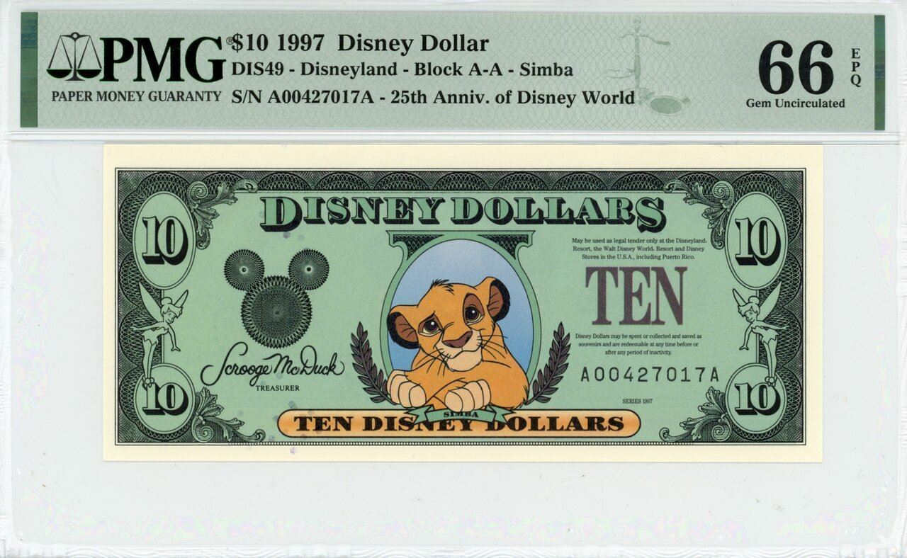 1997 $10 Disney Dollar Simba 225th Anniv. PMG 66 EPQ (DIS49)
