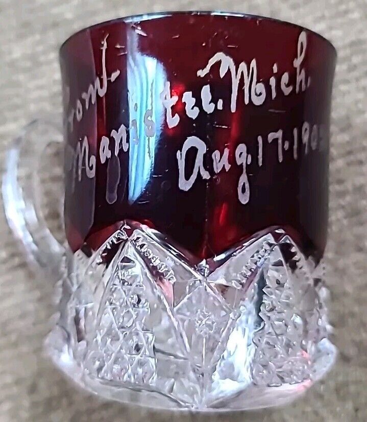 Antique July 4 1902 Elk's Carnival Flash Glass Ruby Red Mug Shot Mini World Fair