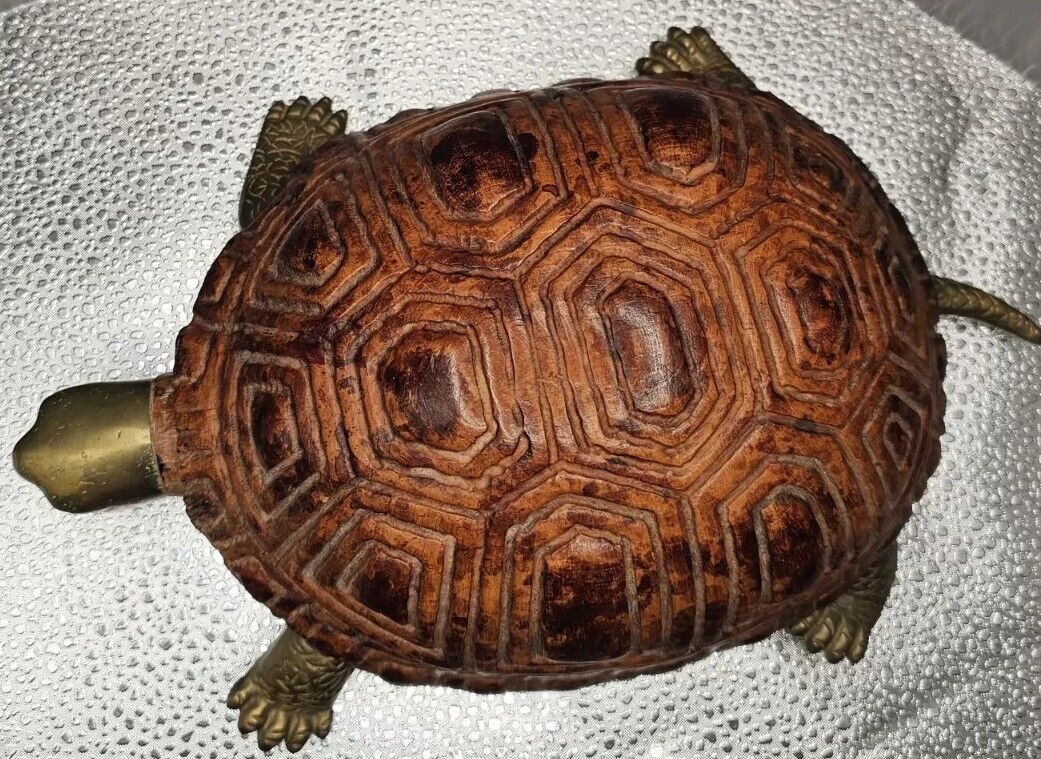 Vintage Sarreid Italian Carved Wood and Cut Brass Turtle 