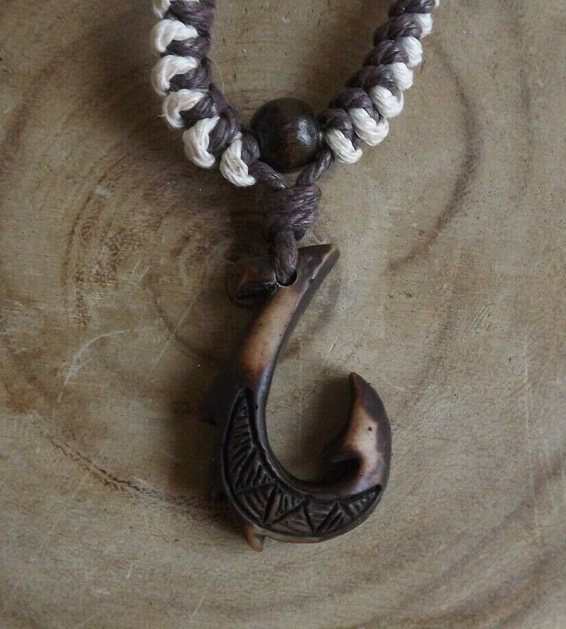 Hawaiian Manu Makau Bone Fish Hook Necklace W/ Hawaii Koa Wood Bead
