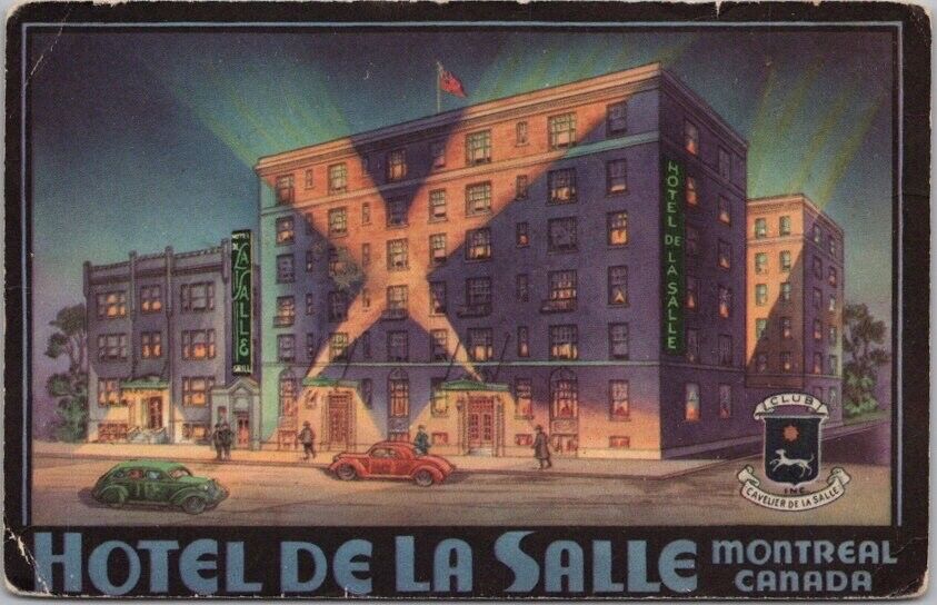 1940s MONTREAL Quebec Canada Postcard HOTEL LA SALLE Artist\'s Street View Night