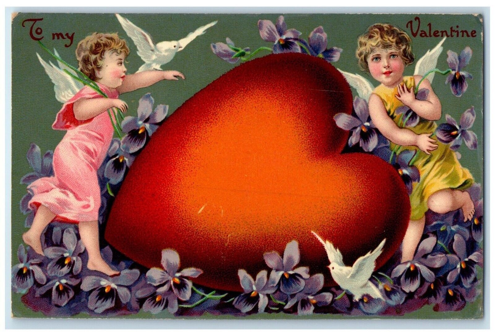 c1910\'s Valentine Giant Hear Angels And Flowers Dove Posted Antique Postcard