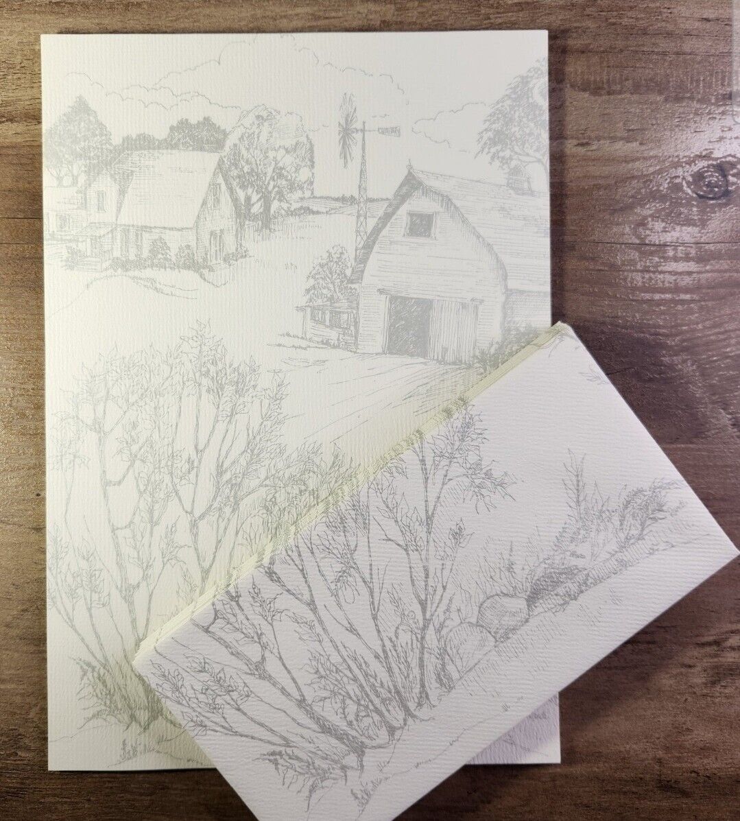 Vintage Stationary Paper and Envelope Set Barn Cottagecore Country Farm Trees