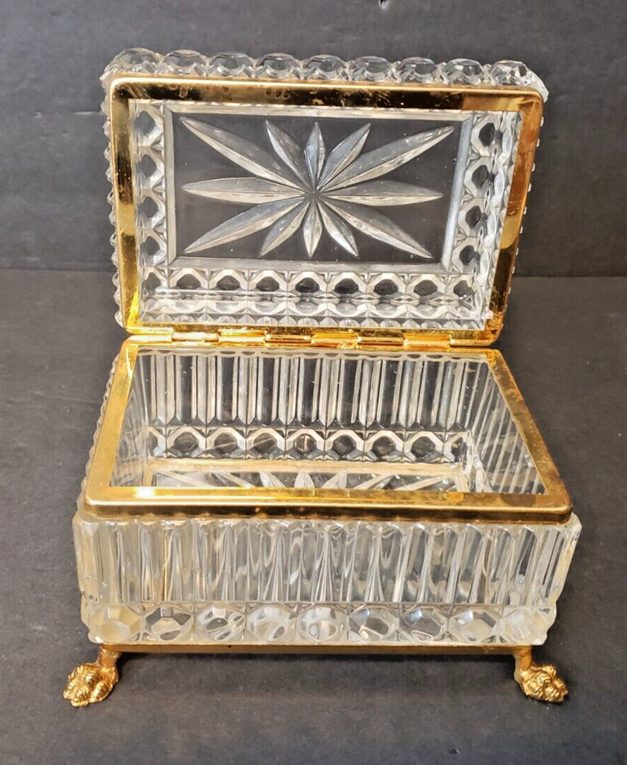 Vintage Faceted Crystal Casket Jewelry Box Gold Brass Footed & Hinged Elegant