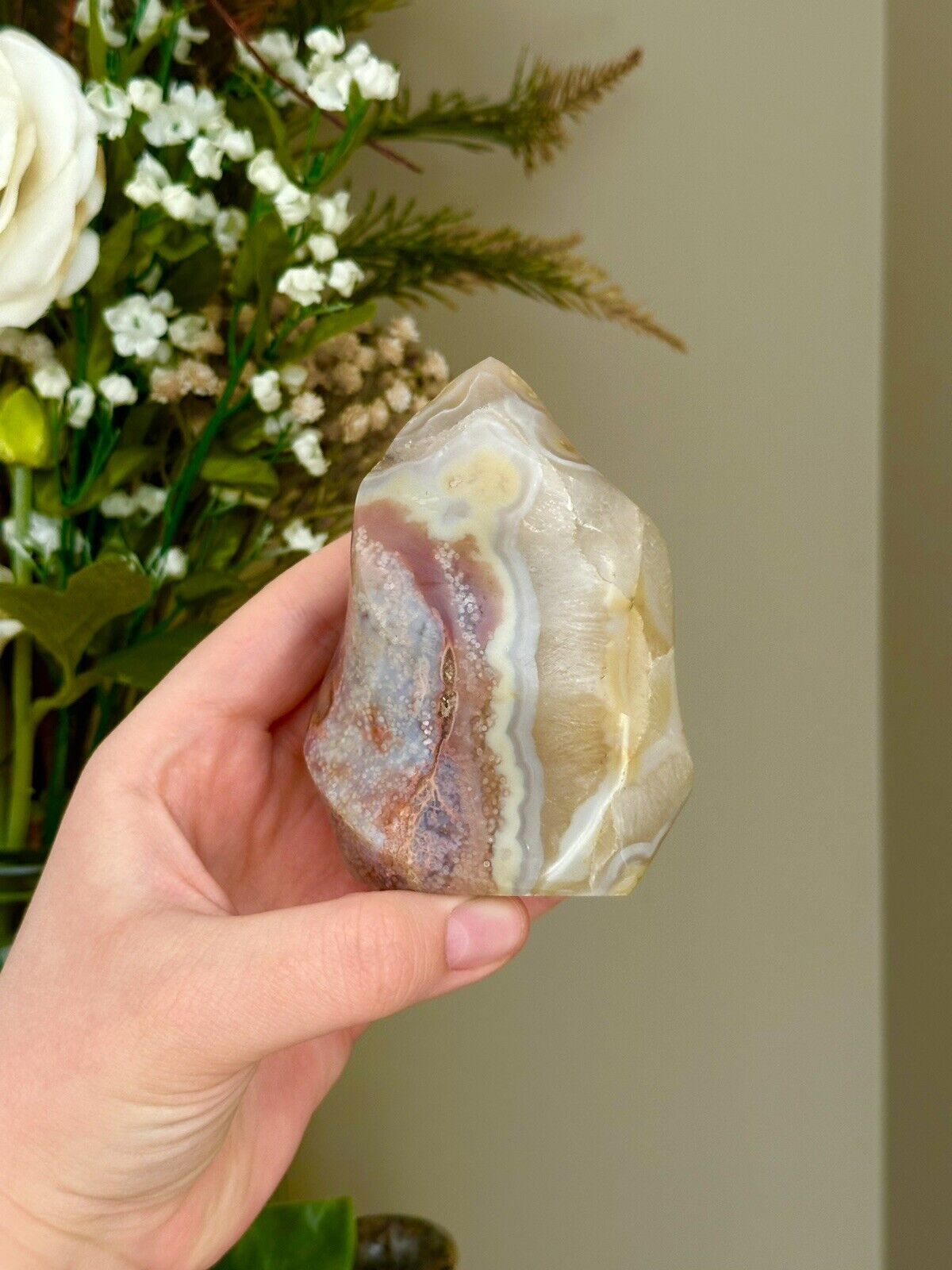pastel flower agate flame with pink orbs and quartz banding 🌸 polished crystal