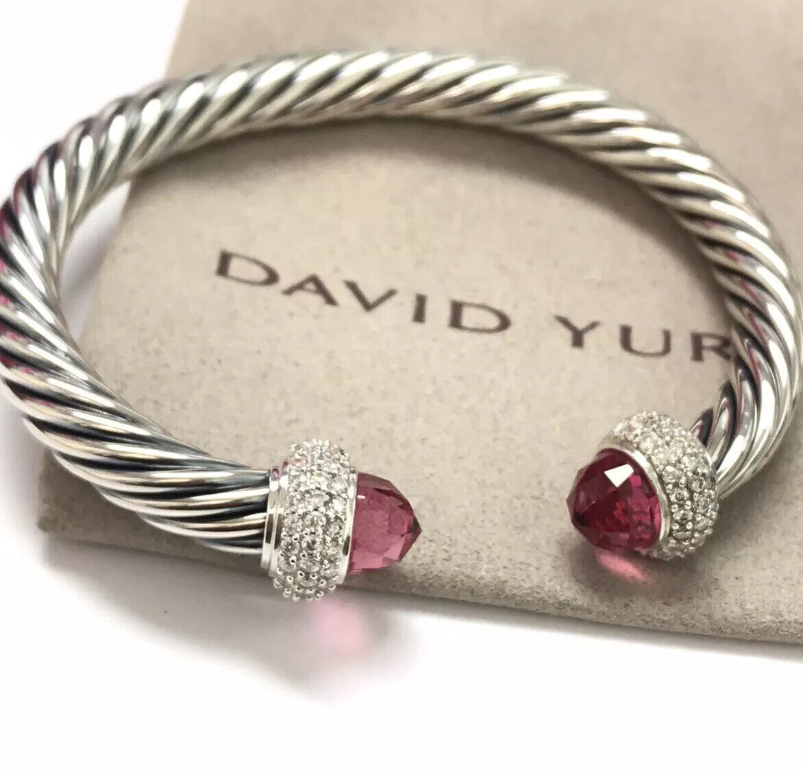 David Yurman Sterling Silver 7mm Cable Candy Tourmaline & Diamonds Bracelet Sz M