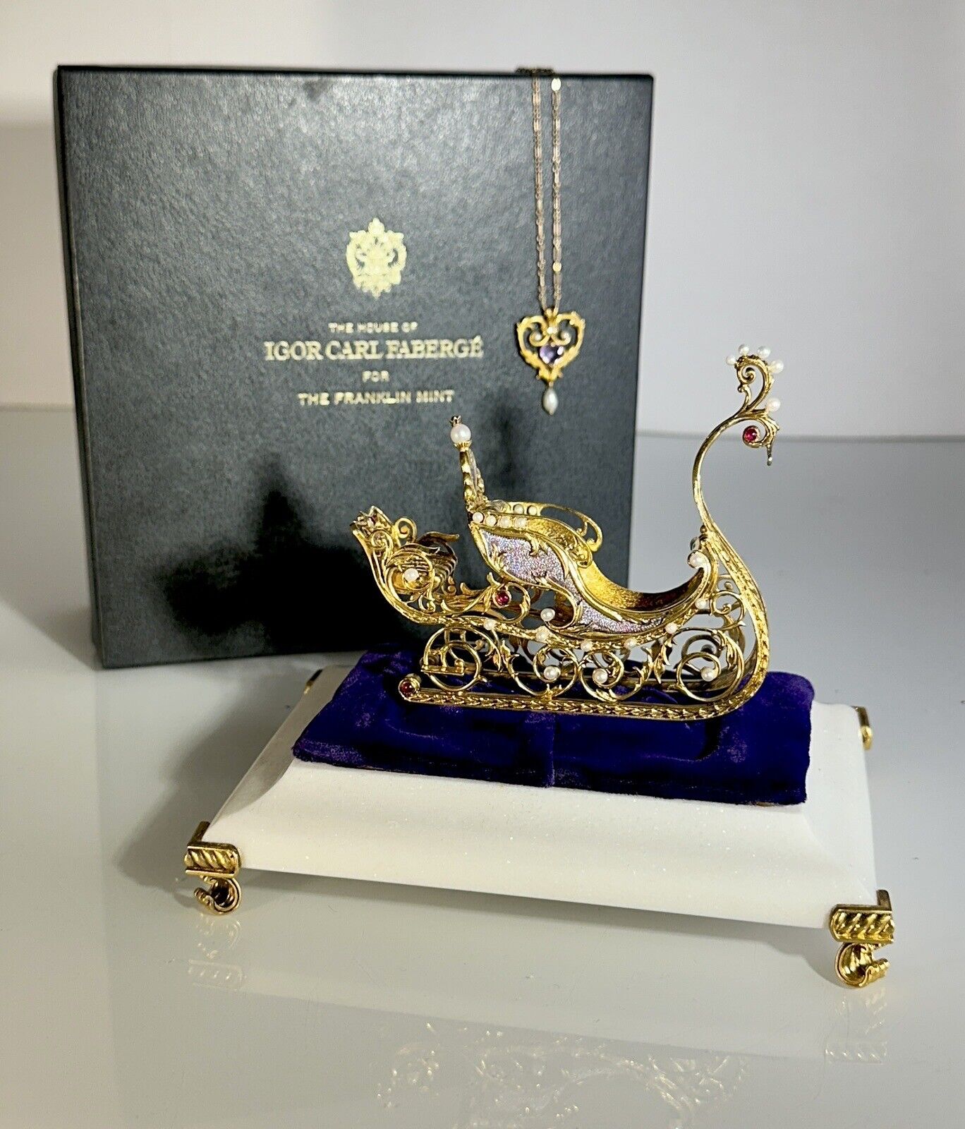 Franklin Mint Fabergé Imperial Jeweled Sleigh & Pendant Set - Gold, Diamond