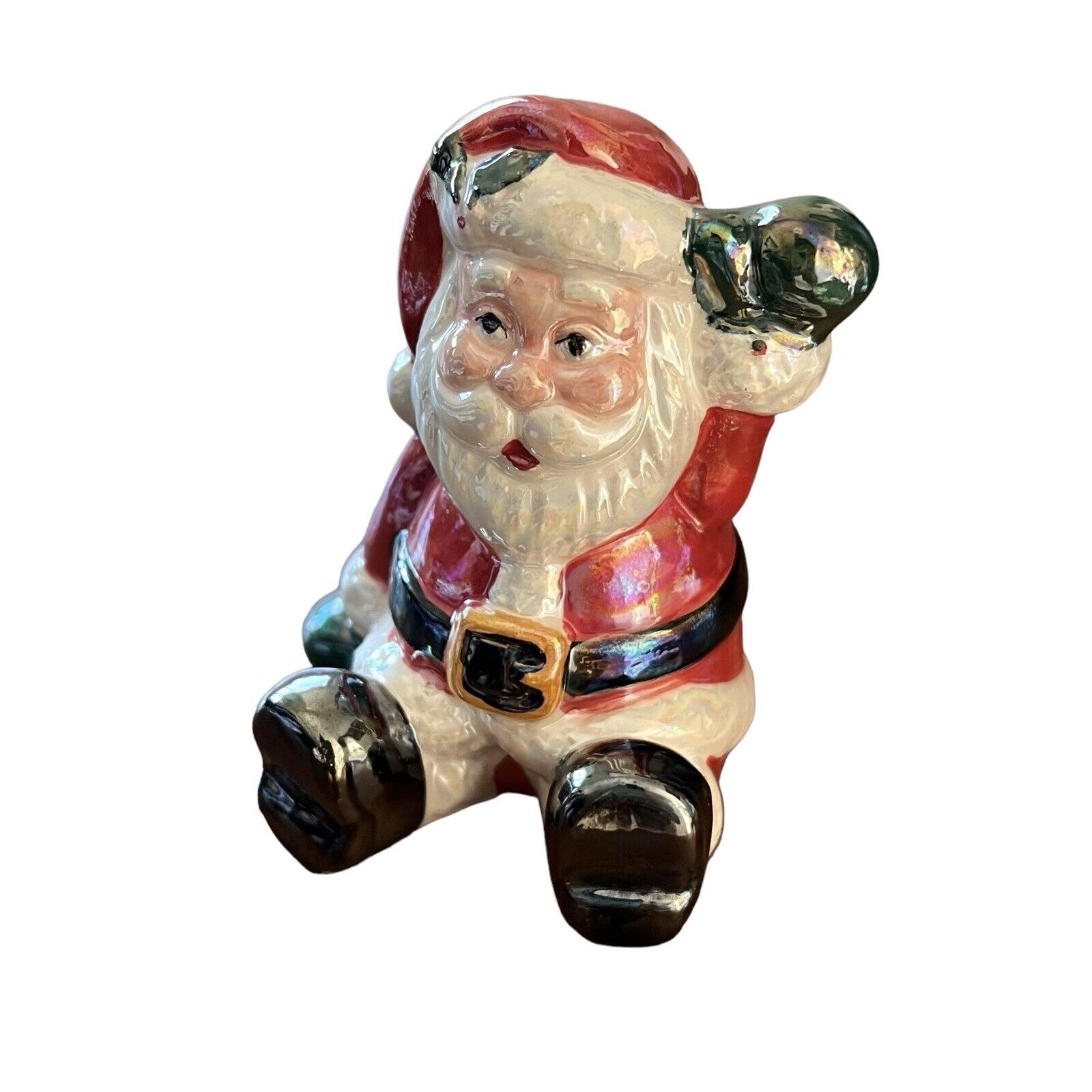 Vintage Santa Claus Iridescent Glossy Ceramic Figurine 3” Christmas Decoration