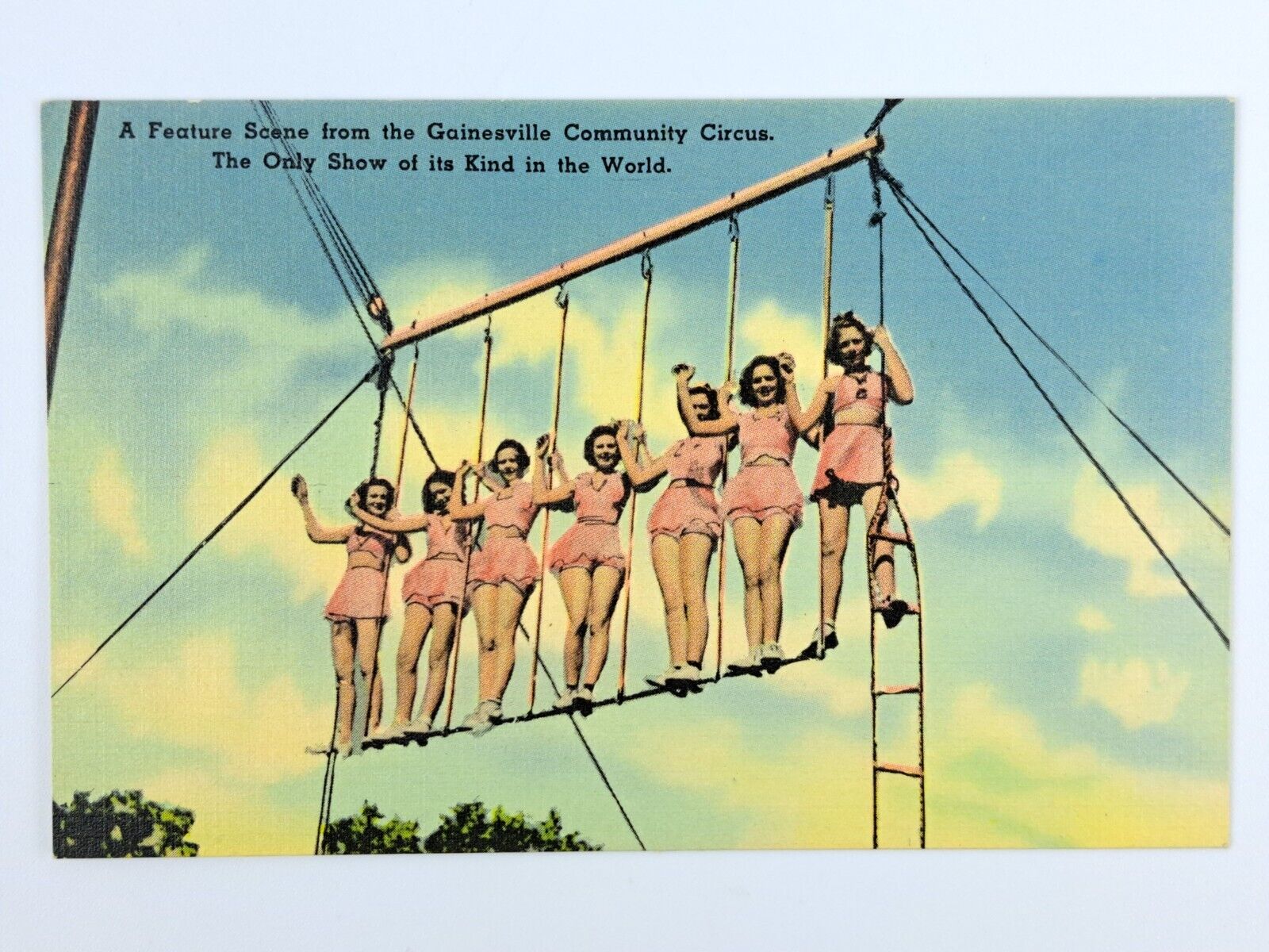 Gainesville, Texas Community Circus Linen Postcard High Wire Women Acrobats