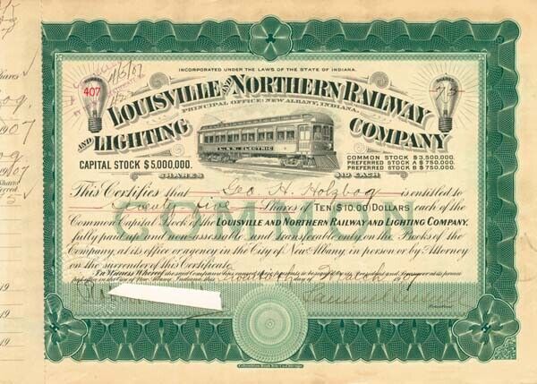 Samuel Insull autographed Louisville and Northern Railway and Lighting Co. - Sto