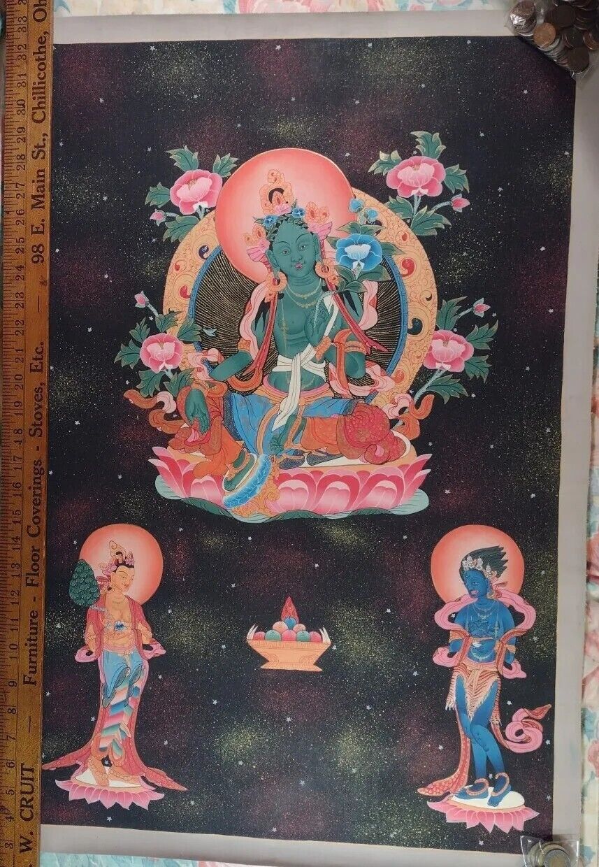 18 k Gold Green Tara Thangka Painting Nepal CH8299