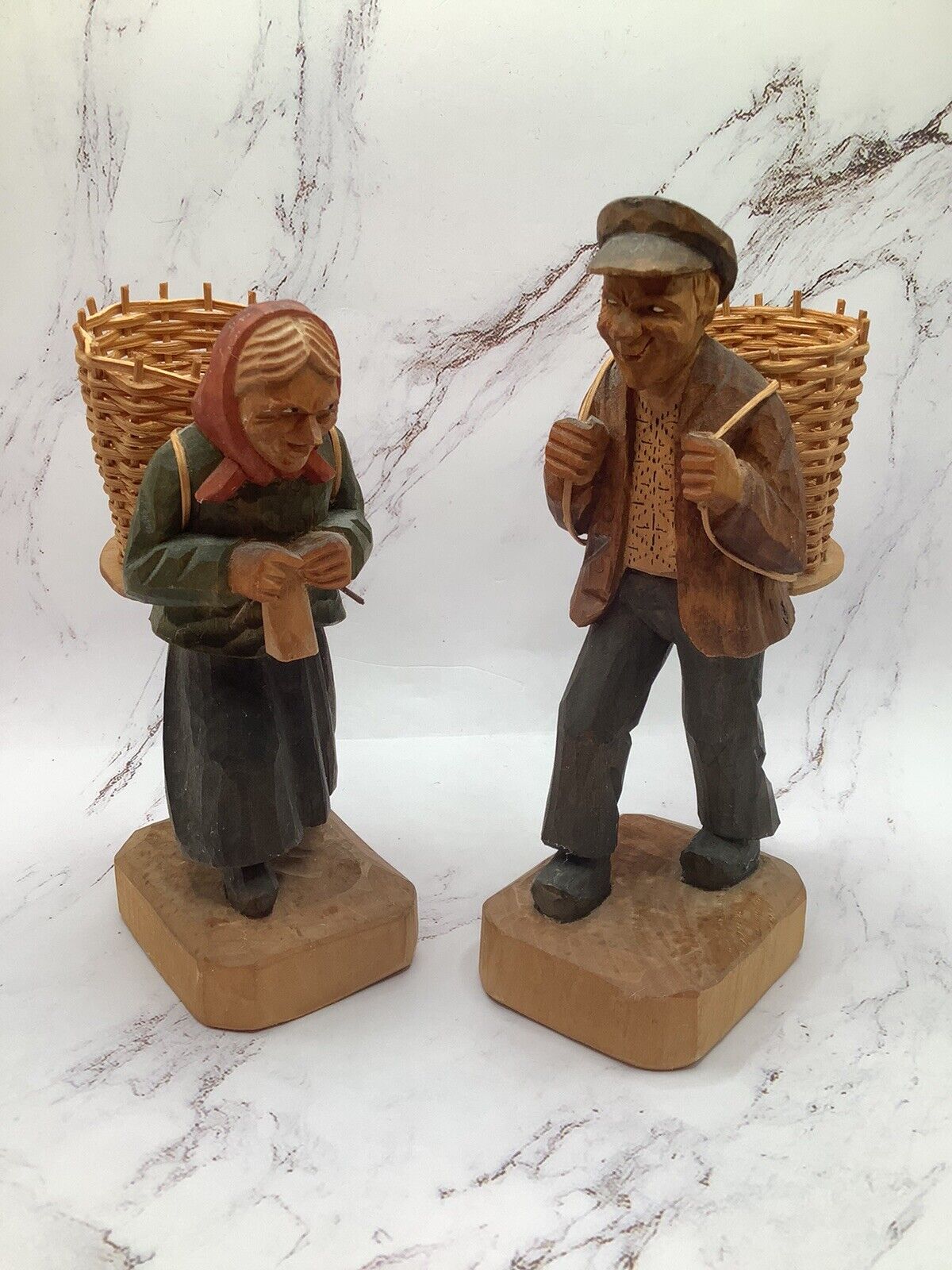 Vintage Norwegian Hand Carved Wooden Figurines With Hand Woven Baskets 6” H
