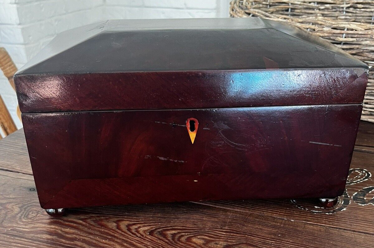 Antique Mahogany Veneer Tea Caddy Box Domed Lid Bun Feet & Red Velvet Lid