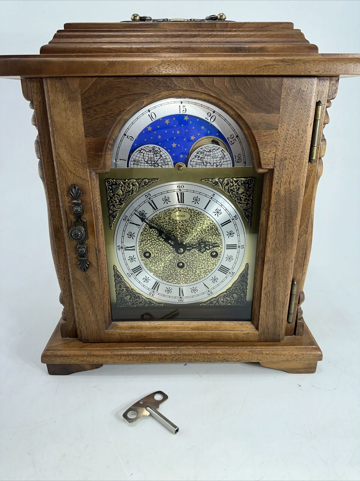 Vintage Emperor Moon Phase Walnut Mantel Clock Hermle 341-020 - Tested -