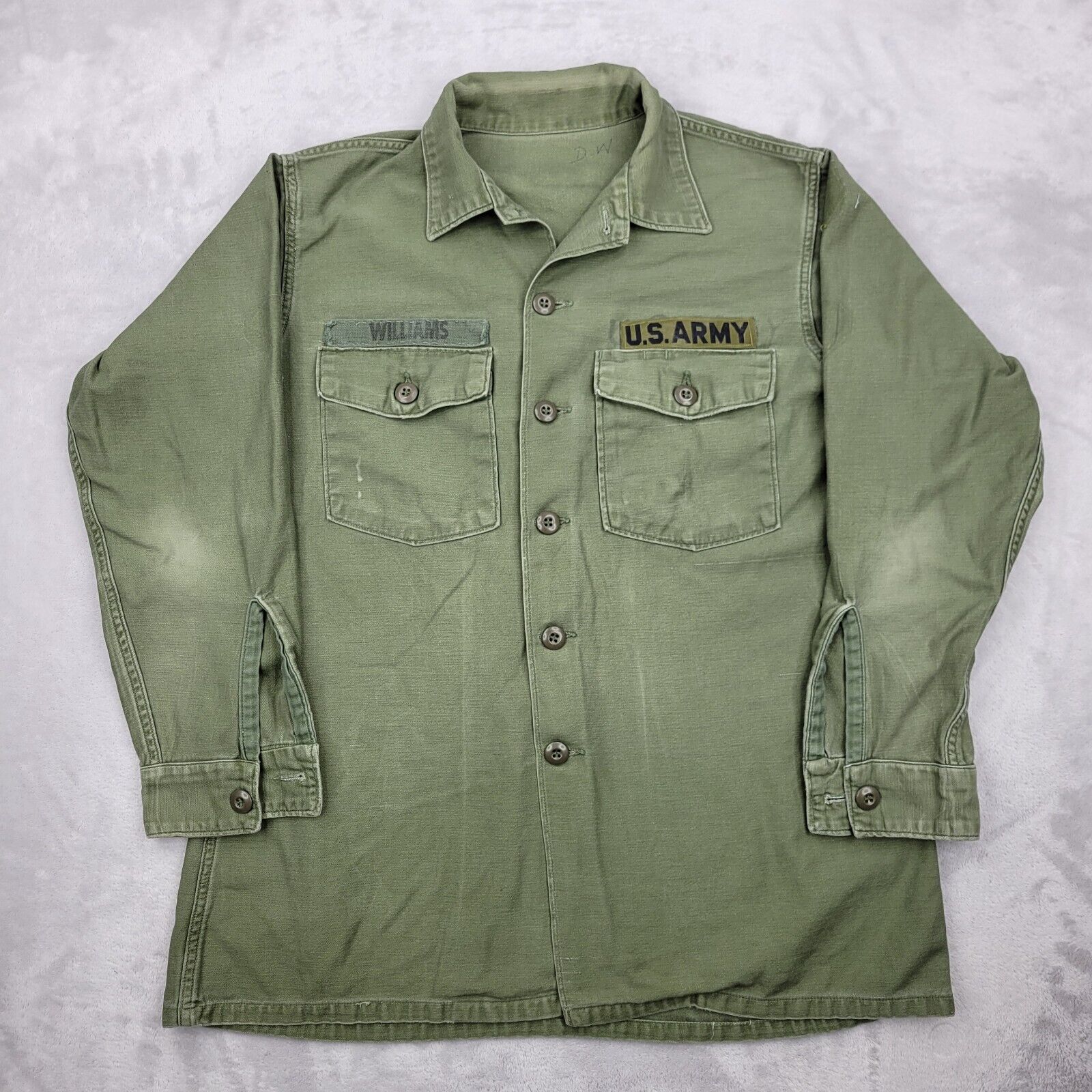 Vintage US Army Shirt Mens Large Vietnam Era OG-107 Sateen Fatigue Duty Uniform