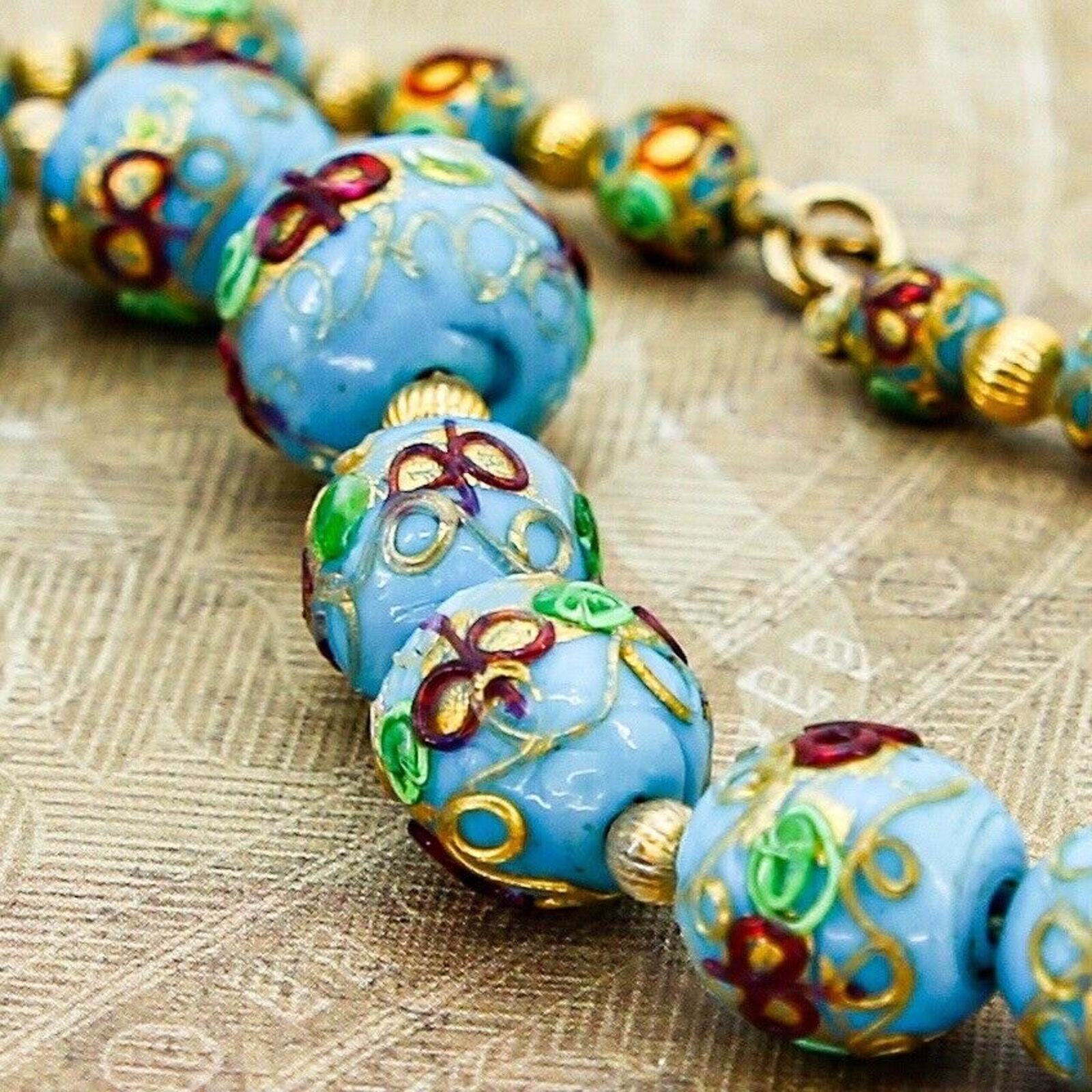 Necklace Antique Venetian African Trade Beads Blue Gold Red Bowties Graduated