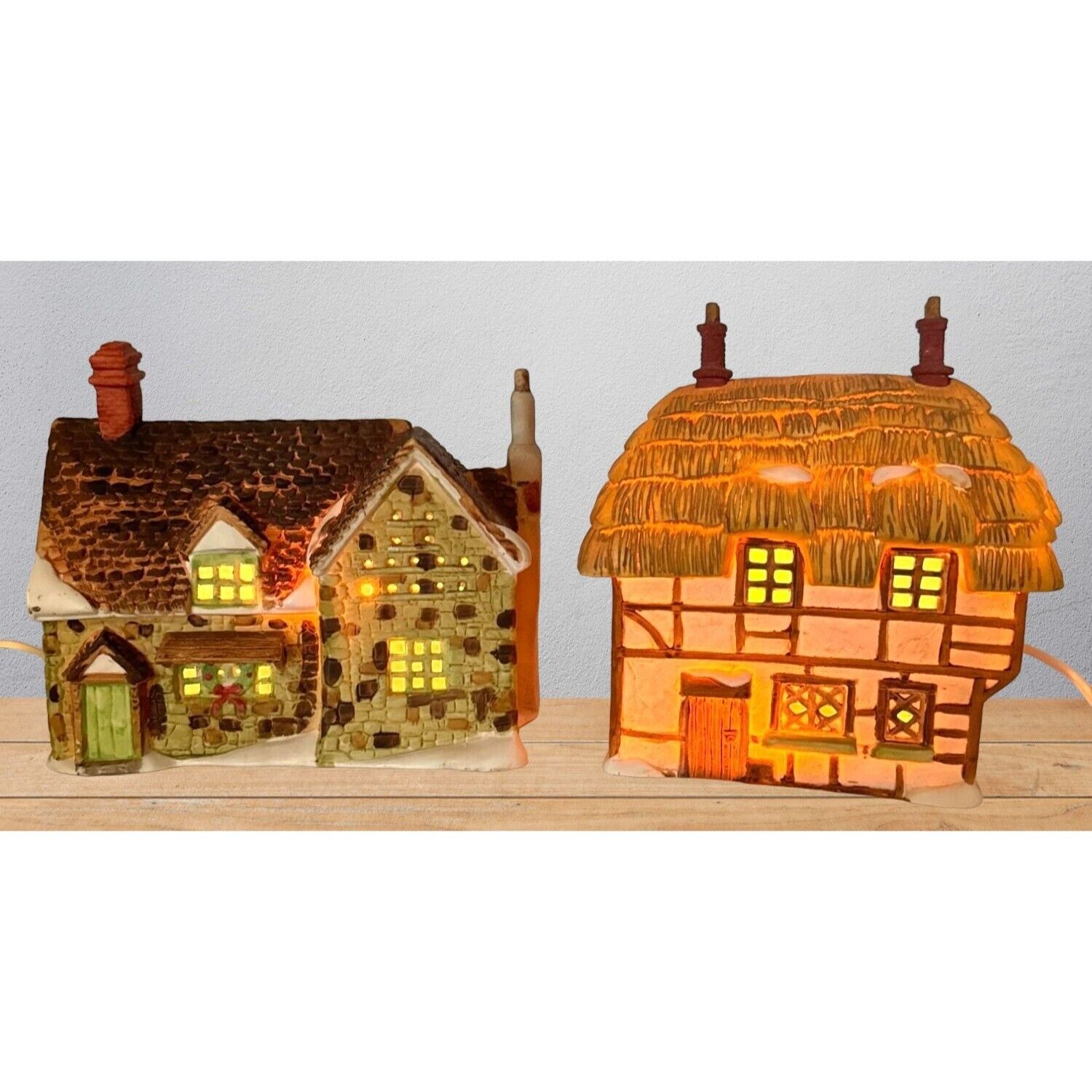 Dept 56 Dickens Village Lot Set Stone Cottage + Thatched Cottage Xmas Bundle Vtg