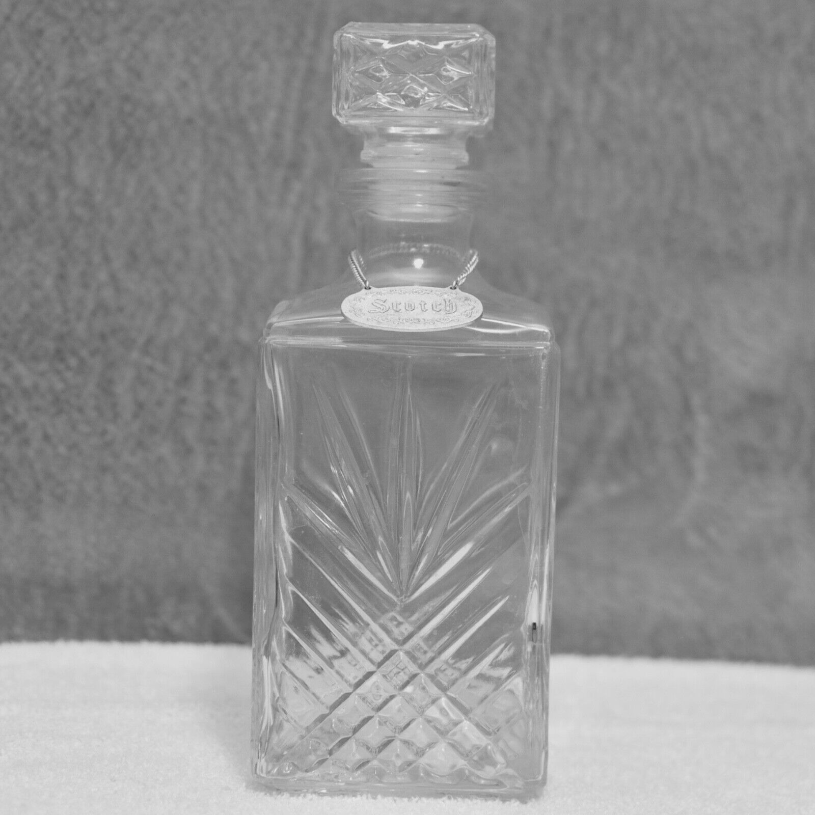 Vintage Clear Glass Whiskey Scotch Decanter with Bottle Tag Rubber Stopper
