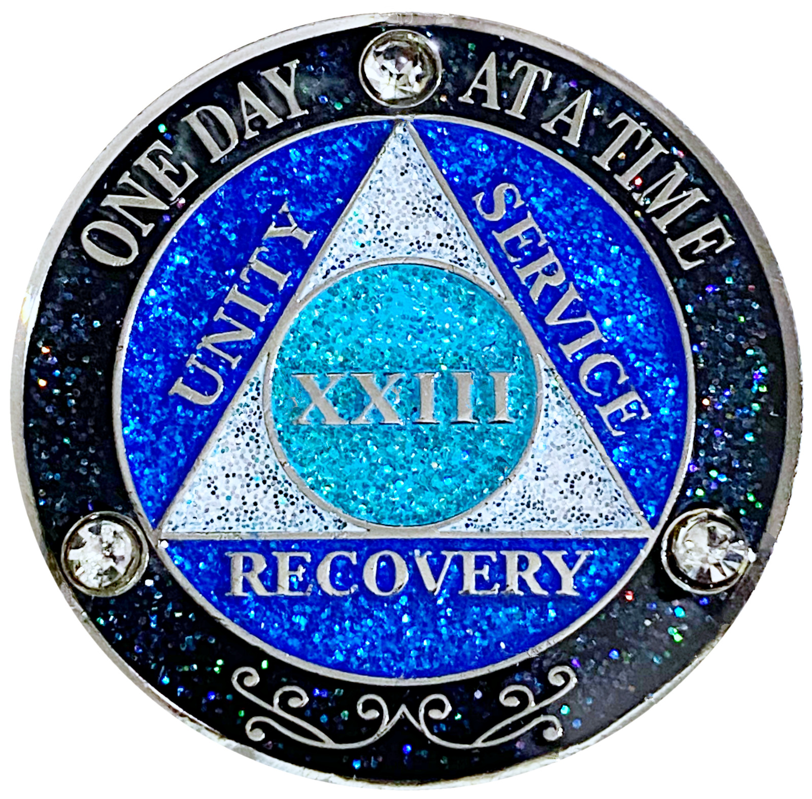 AA 23 Year Crystals & Glitter Medallion, Silver, Blue Color & 3 Crystals