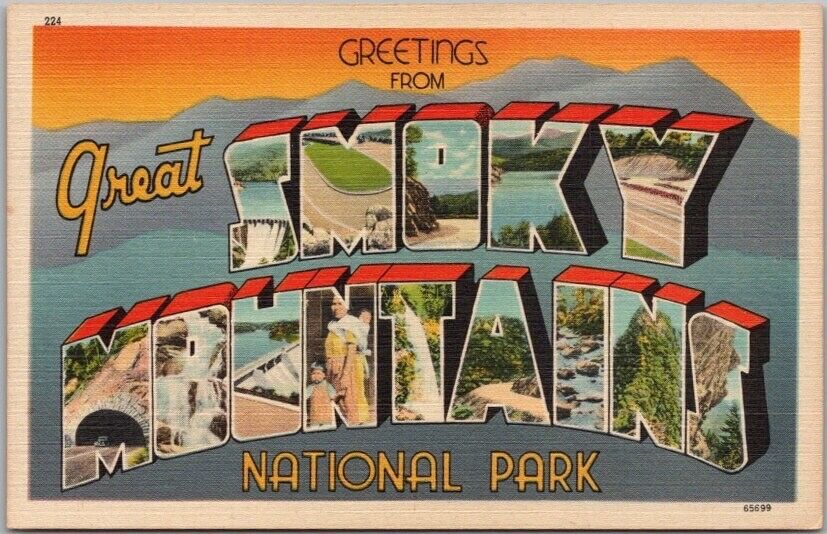 Vintage GREAT SMOKY MOUNTAINS NATIONAL PARK Large Letter Postcard /Tichnor Linen