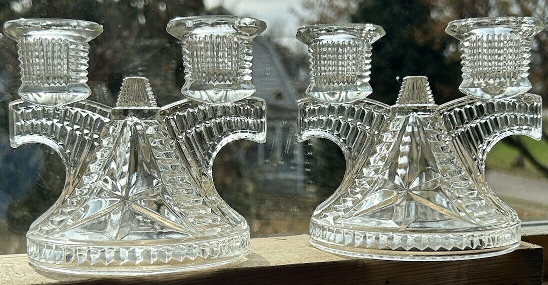 Vintage 1930s Federal Glass Wigwam Double  Candleholders Set Of Two Excellent